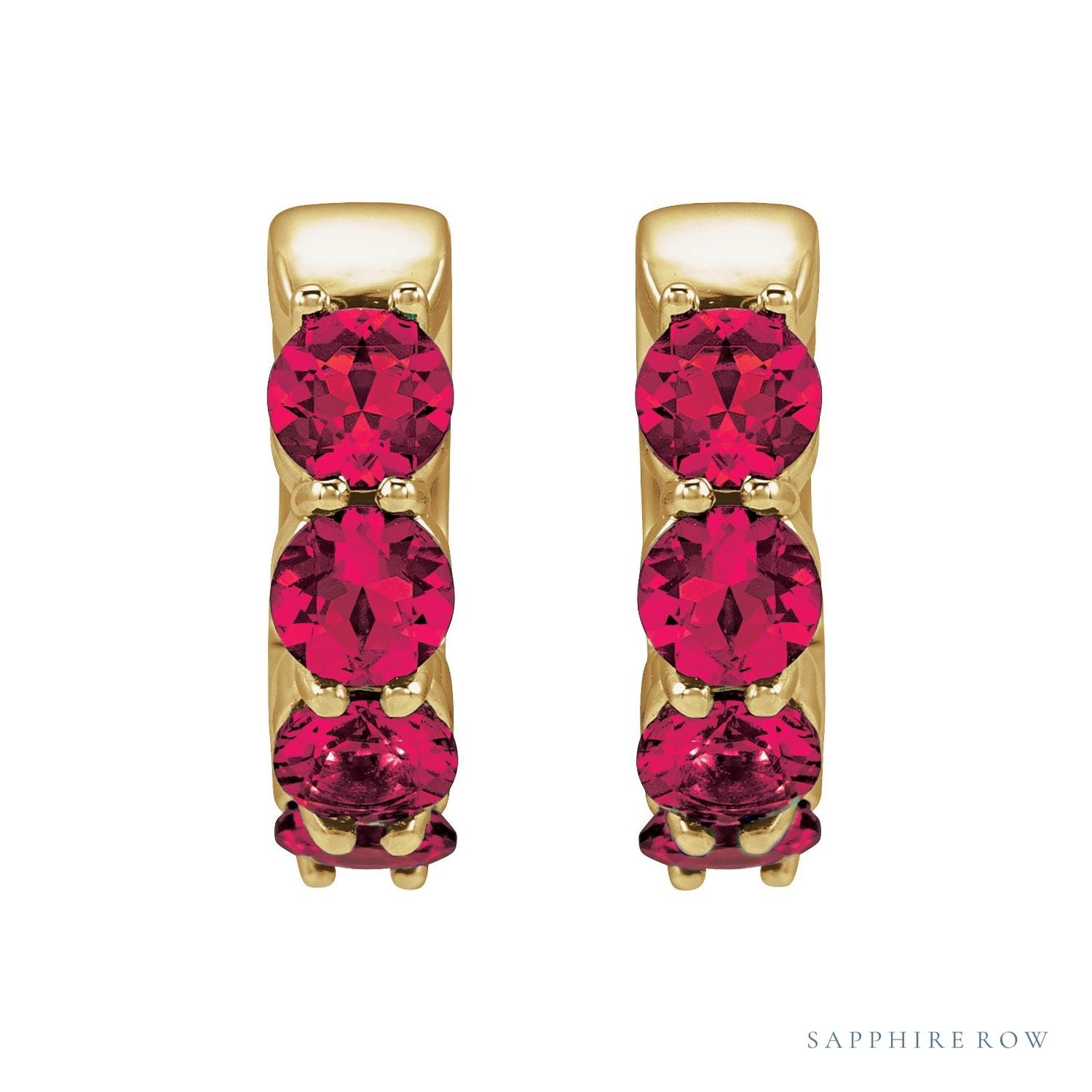Sapphire Row Lab-Grown Gemstone Round Huggie Earrings - Ruby, 14K Yellow Gold (view 2)
