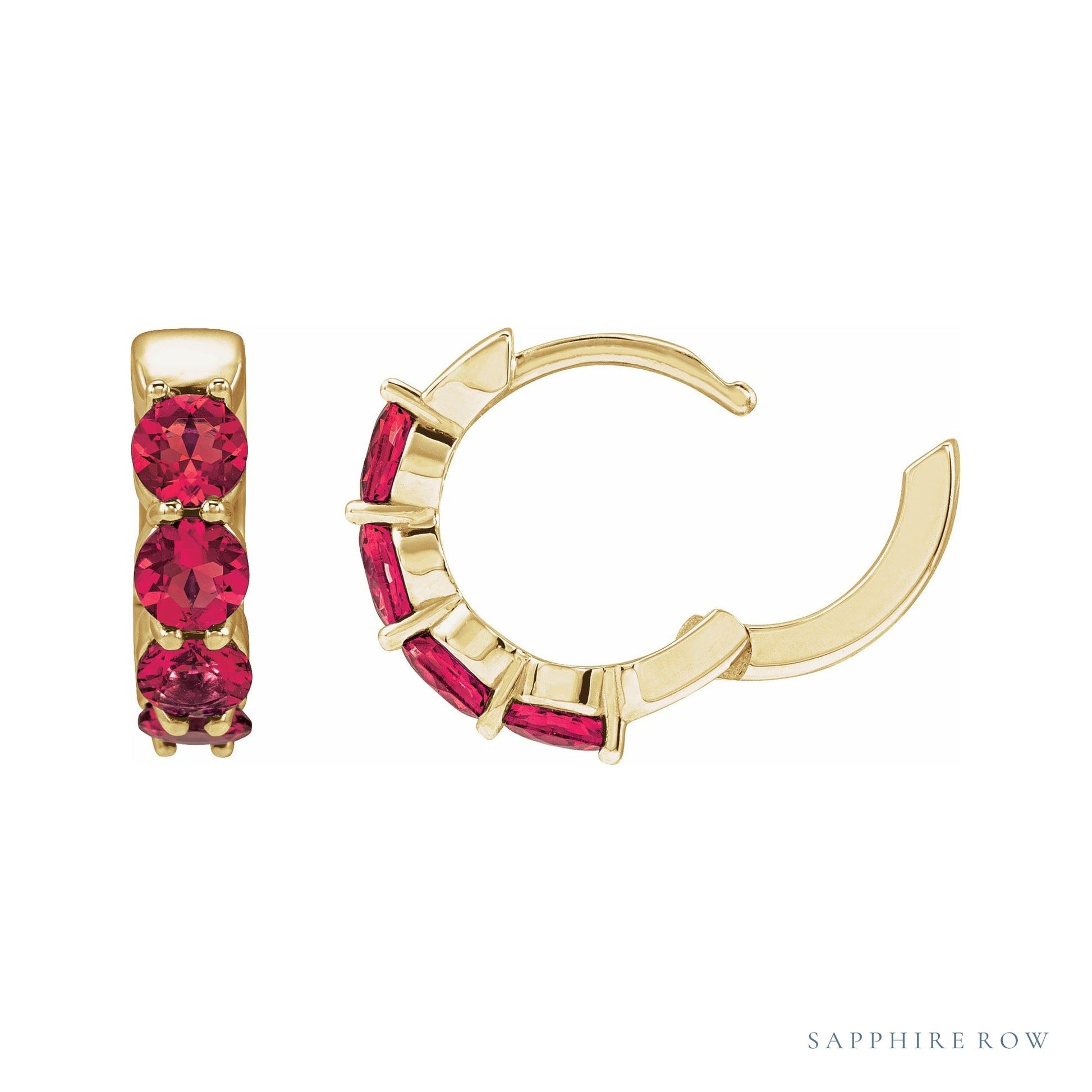 Sapphire Row Lab-Grown Gemstone Round Huggie Earrings - Ruby, 14K Yellow Gold (view 3)