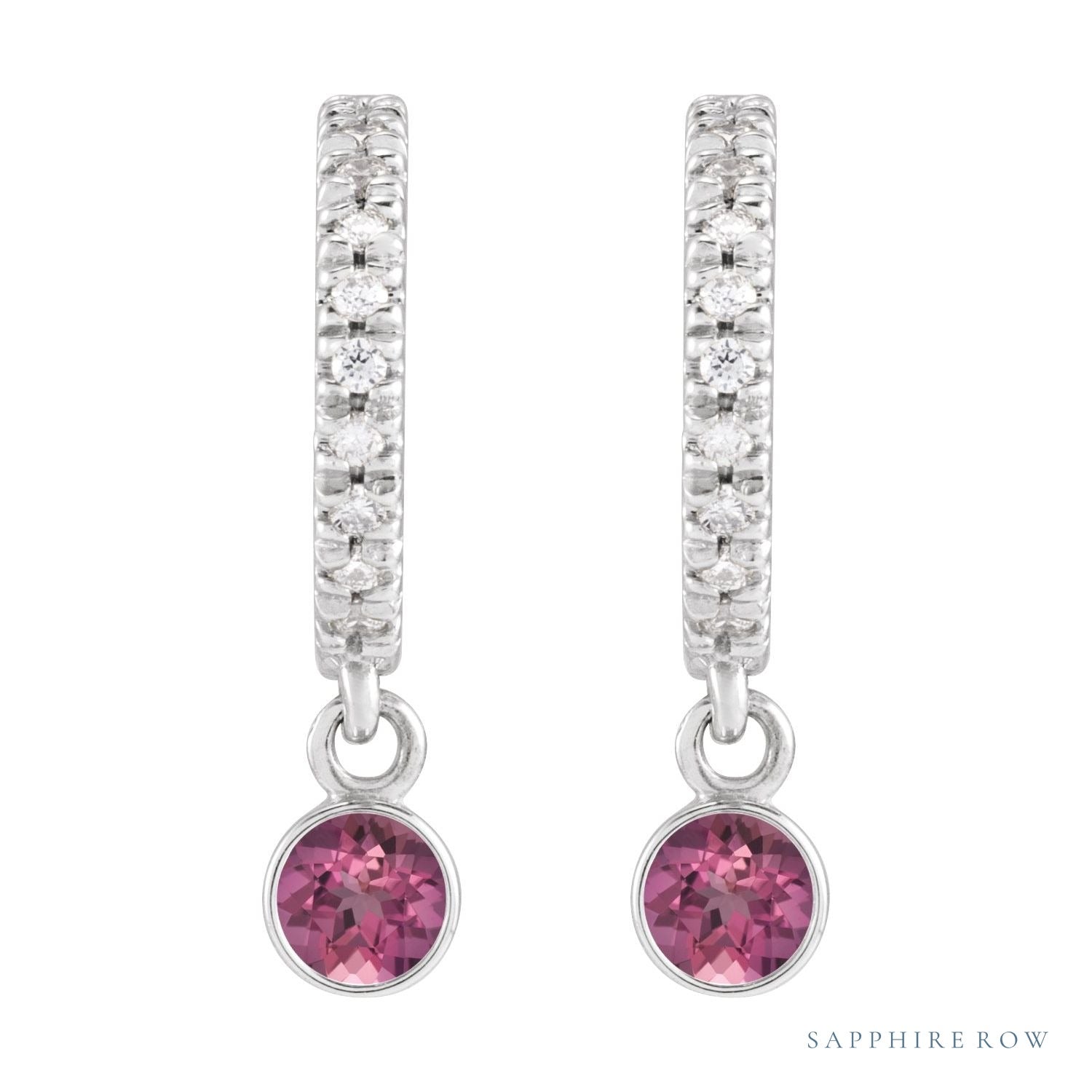 Sapphire Row Natural Gemstone & Diamond Pavé Hoop Earrings - Pink Tourmaline, 14K White Gold (view 2)
