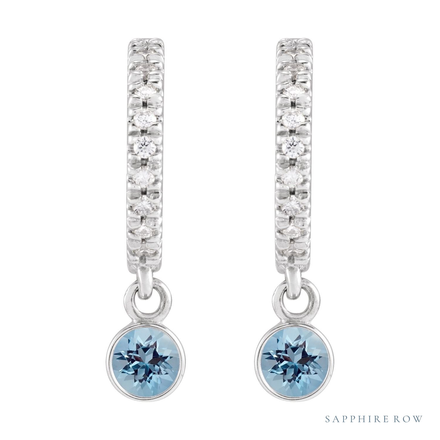 Sapphire Row Natural Gemstone & Diamond Pavé Hoop Earrings - Aquamarine, 14K White Gold (view 2)