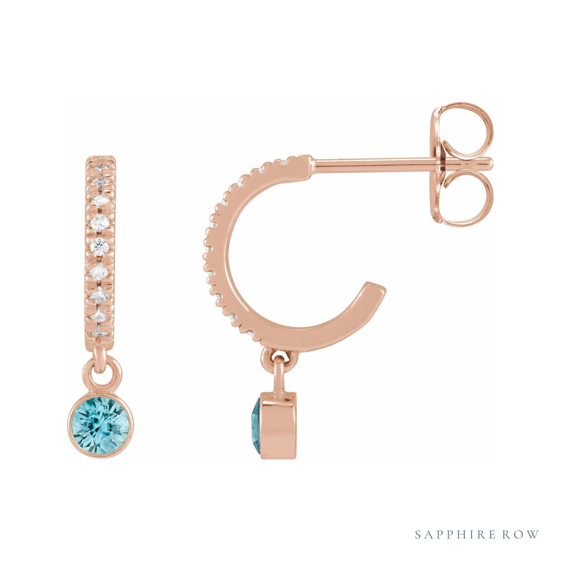 Sapphire Row Natural Gemstone & Diamond Pavé Hoop Earrings - Blue Zircon, 14K Rose Gold