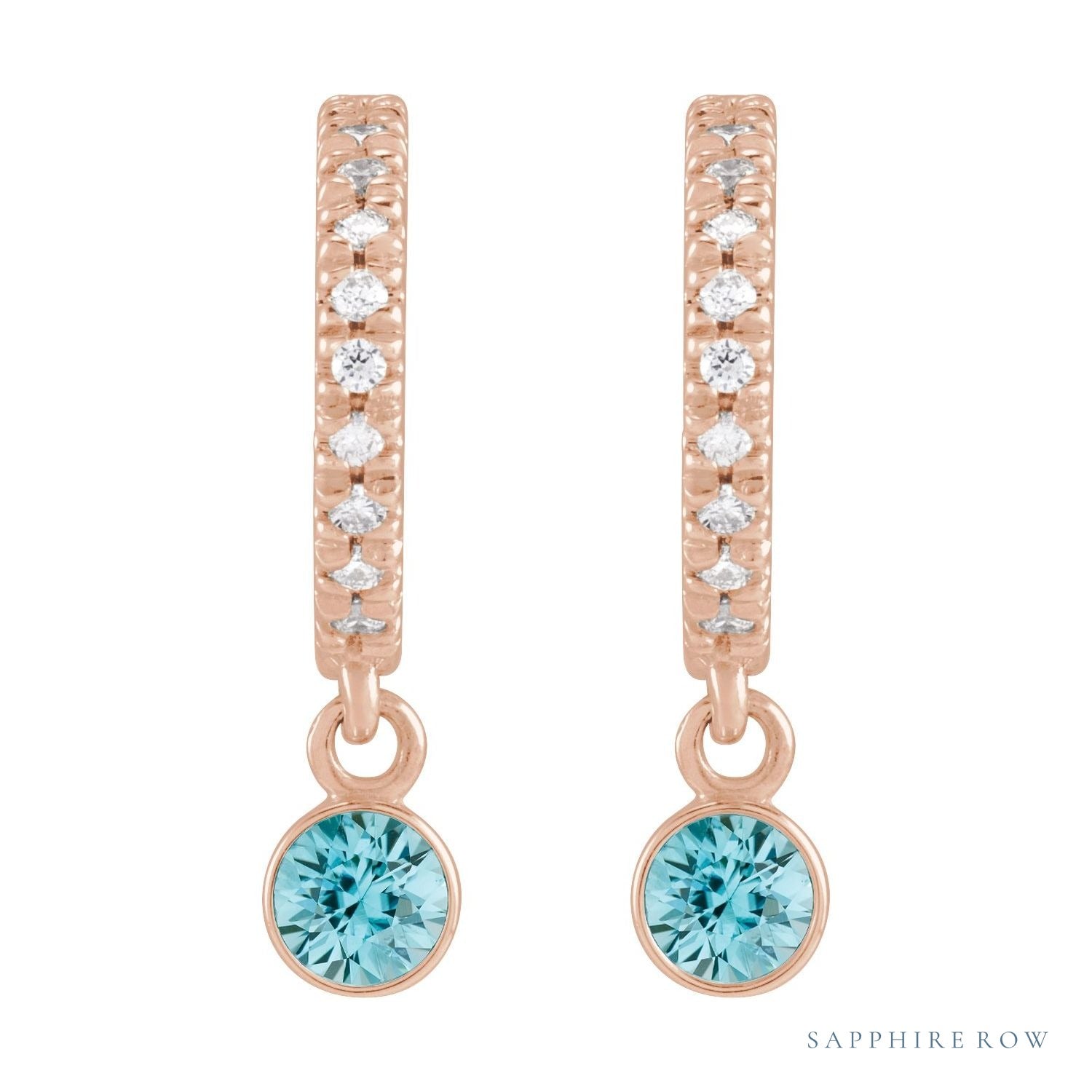 Sapphire Row Natural Gemstone & Diamond Pavé Hoop Earrings - Blue Zircon, 14K Rose Gold (view 2)