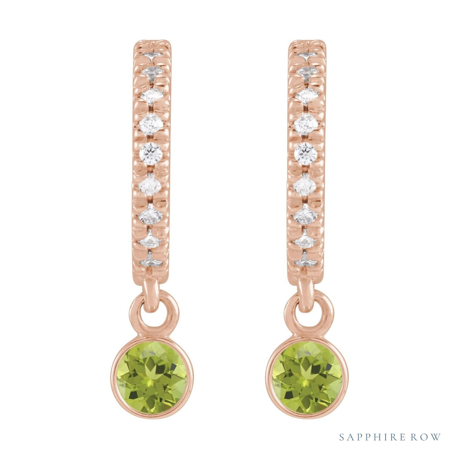 Sapphire Row Natural Gemstone & Diamond Pavé Hoop Earrings - Peridot, 14K Rose Gold (view 2)