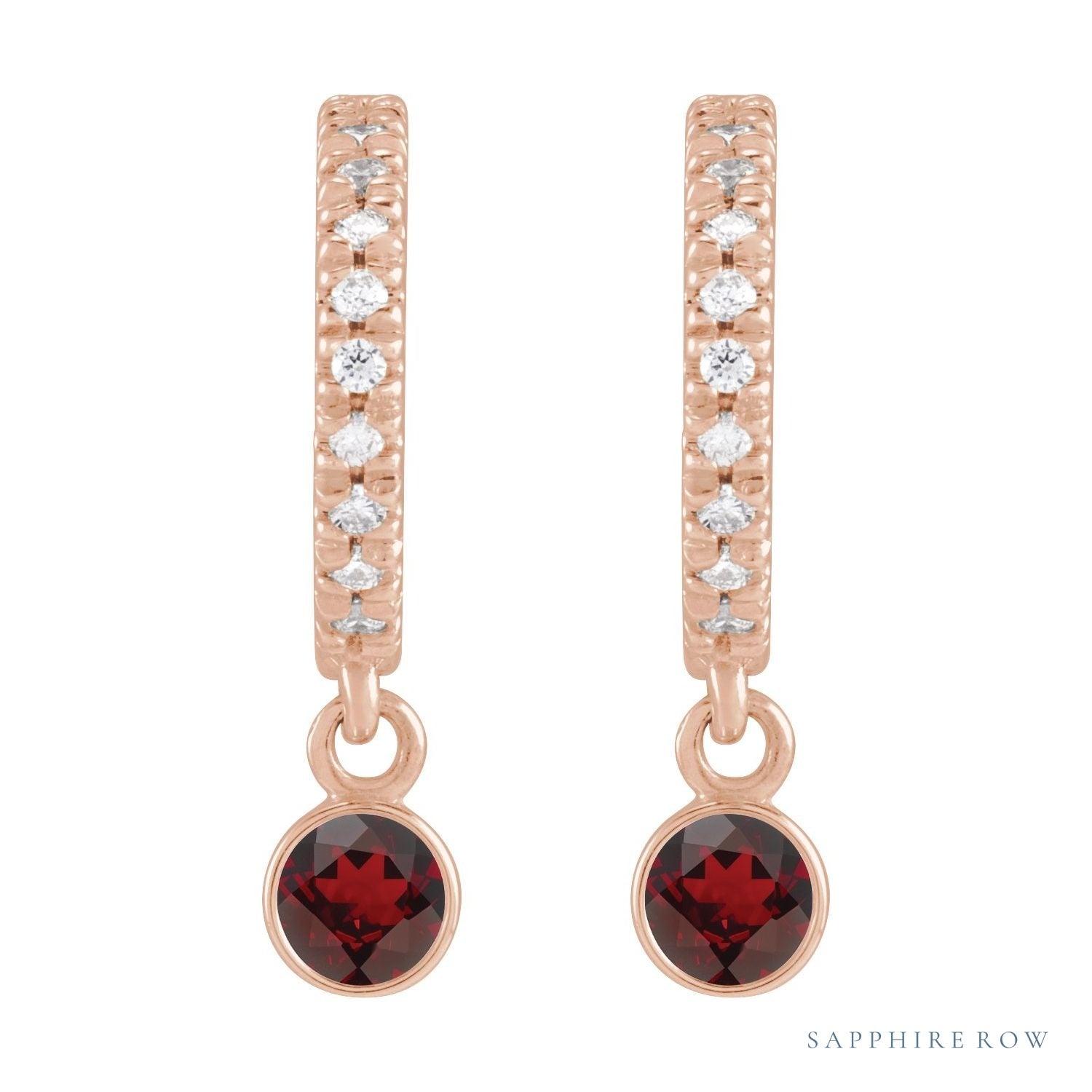 Sapphire Row Natural Gemstone & Diamond Pavé Hoop Earrings - Mozambique Garnet, 14K Rose Gold (view 2)