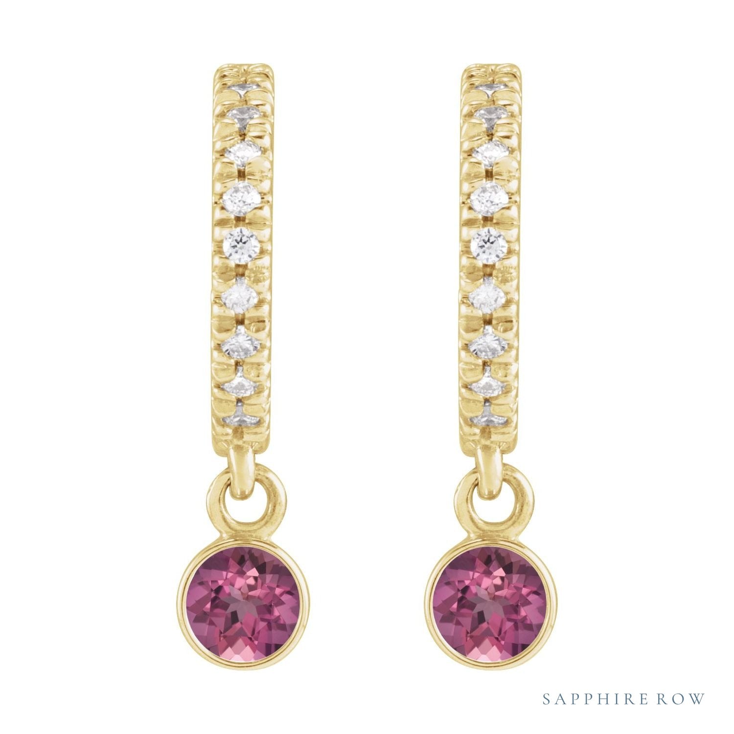 Sapphire Row Natural Gemstone & Diamond Pavé Hoop Earrings - Pink Tourmaline, 14K Yellow Gold (view 2)