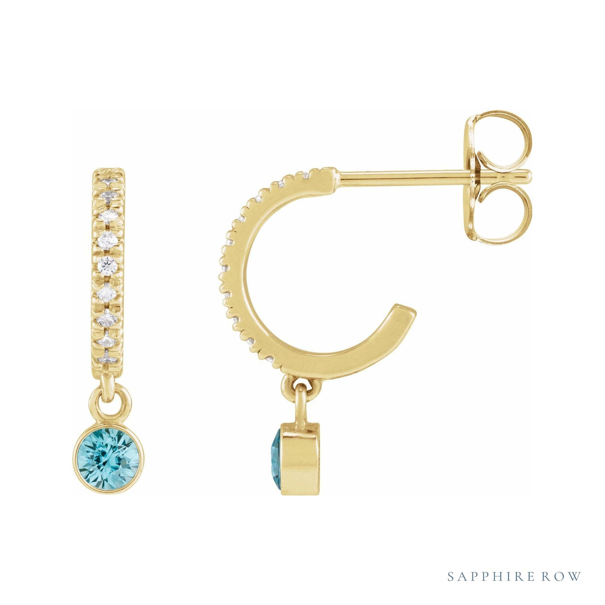 Sapphire Row Natural Gemstone & Diamond Pavé Hoop Earrings - Aquamarine, 14K Yellow Gold