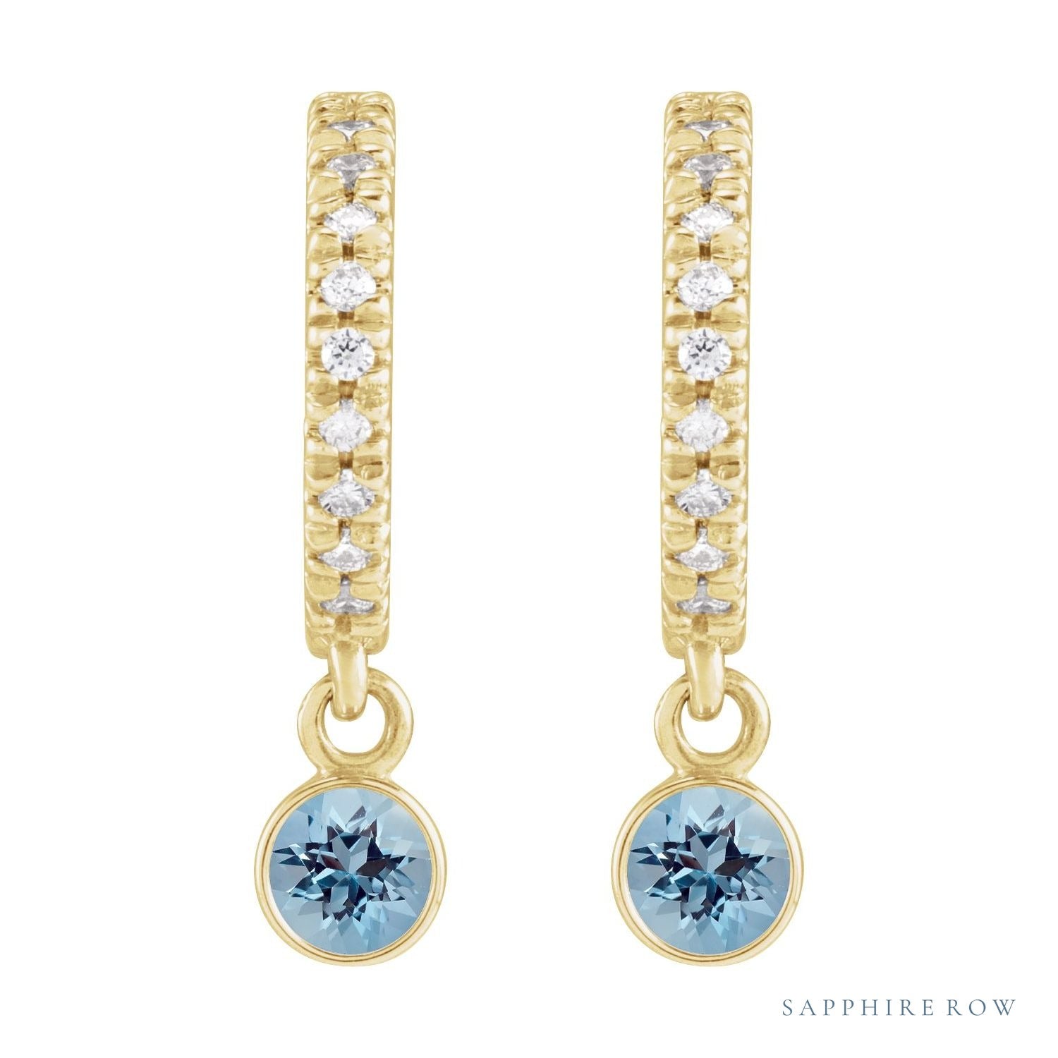 Sapphire Row Natural Gemstone & Diamond Pavé Hoop Earrings - Aquamarine, 14K Yellow Gold (view 2)