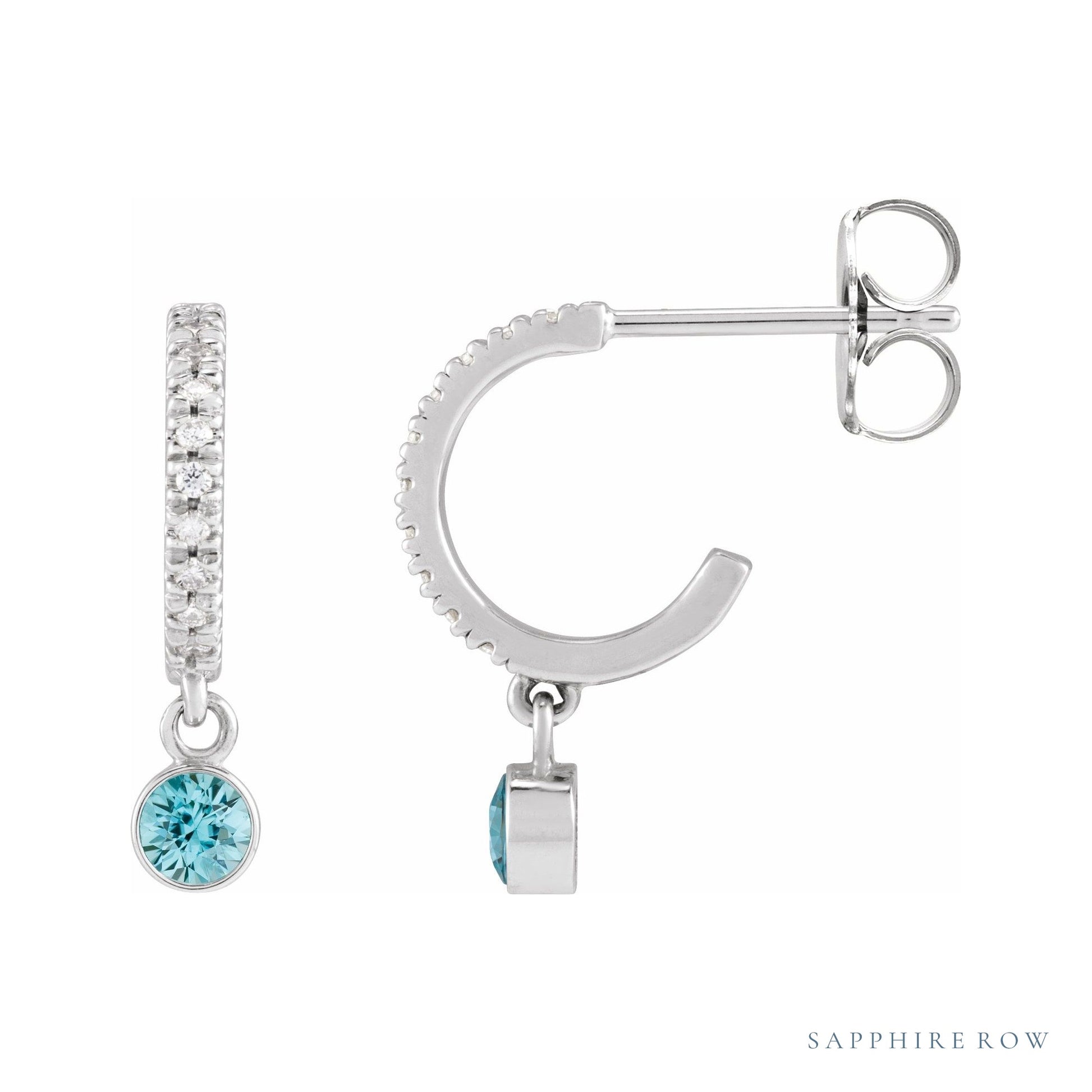 Sapphire Row Natural Gemstone & Diamond Pavé Hoop Earrings - Blue Zircon, 14K White Gold