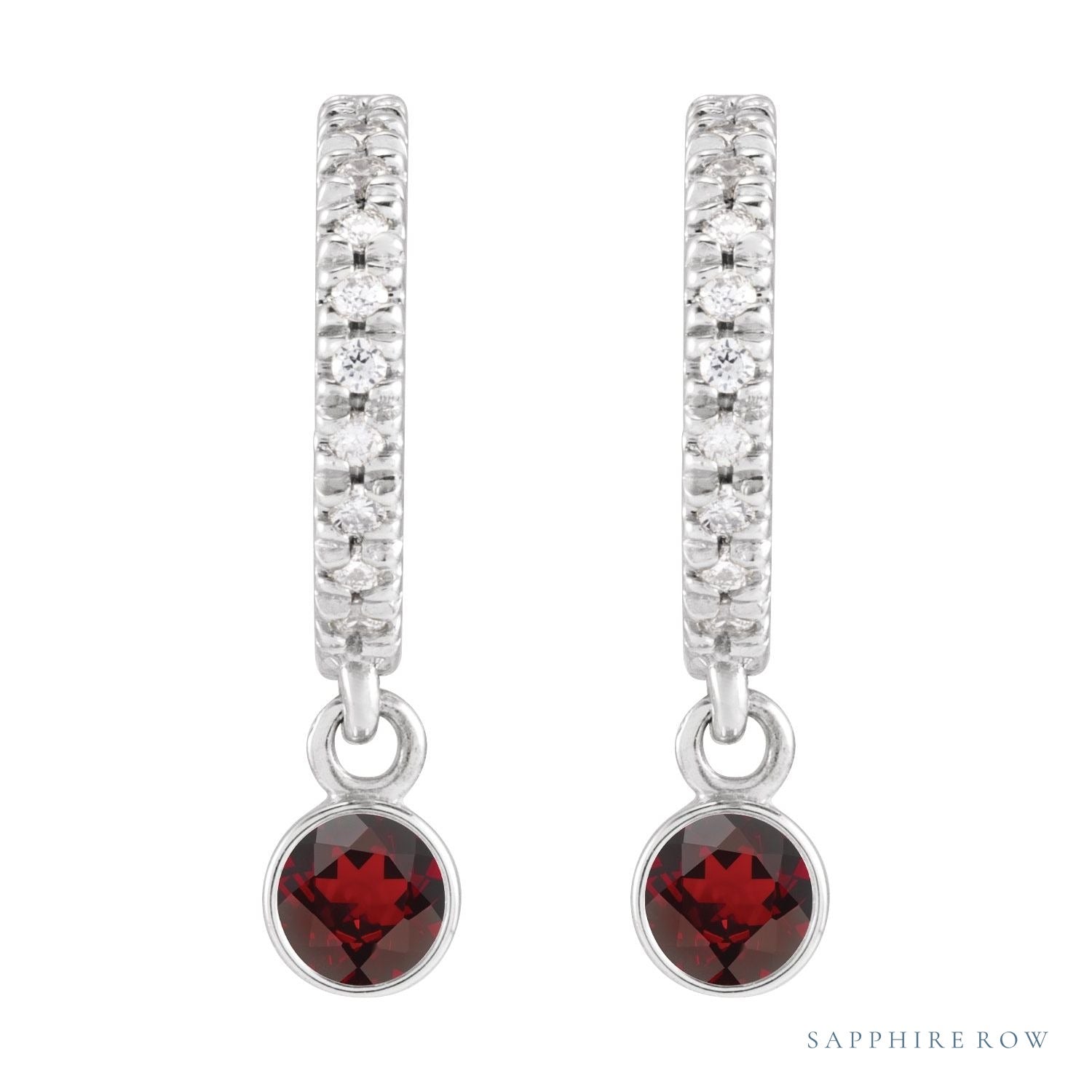 Sapphire Row Natural Gemstone & Diamond Pavé Hoop Earrings - Mozambique Garnet, Platinum (view 2)
