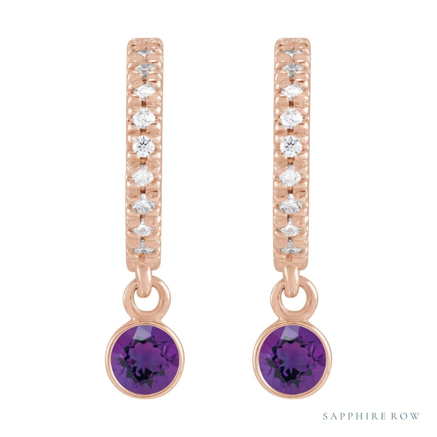 Sapphire Row Natural Gemstone & Diamond Pavé Hoop Earrings - Amethyst, 14K Rose Gold (view 2)