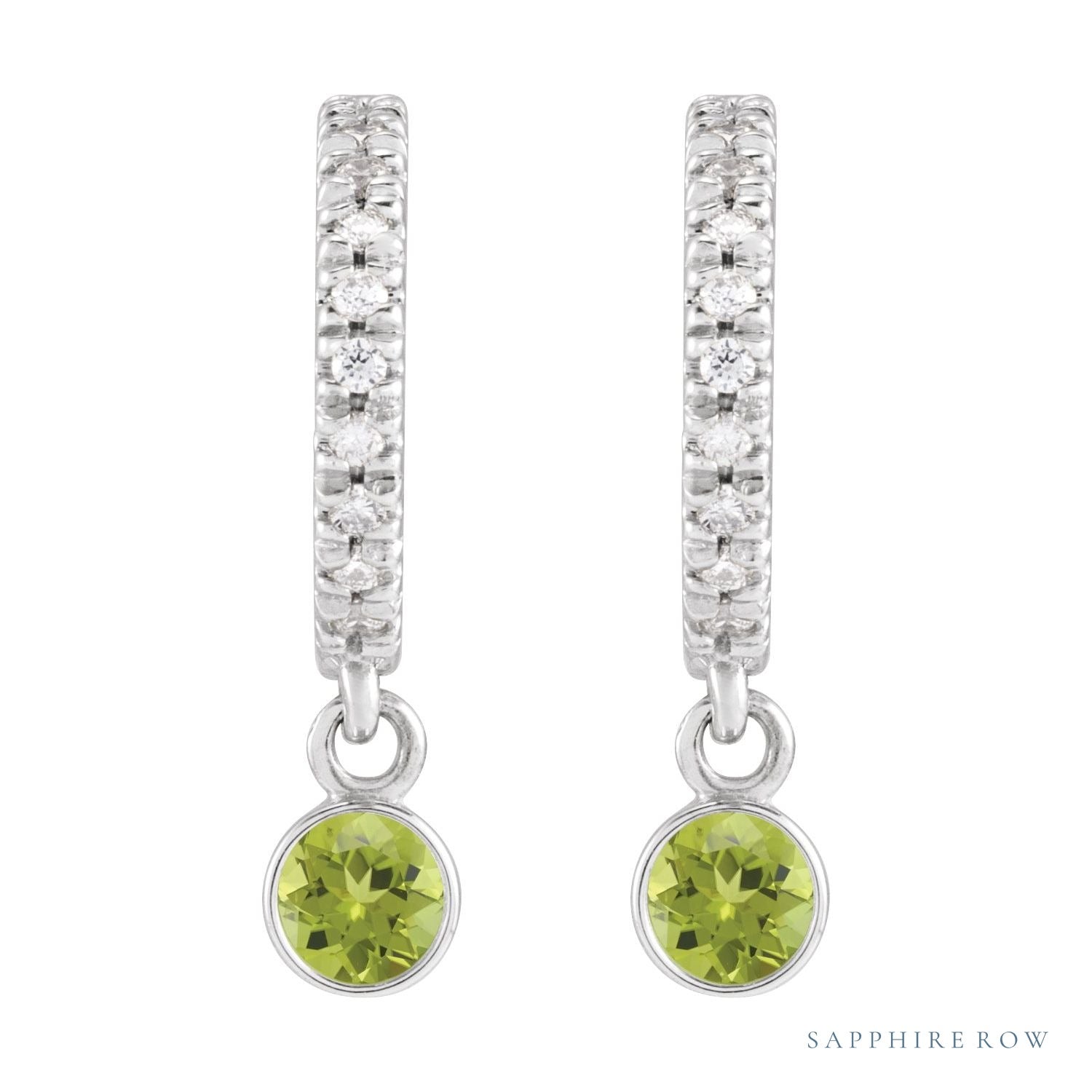 Sapphire Row Natural Gemstone & Diamond Pavé Hoop Earrings - Peridot, 14K White Gold (view 2)