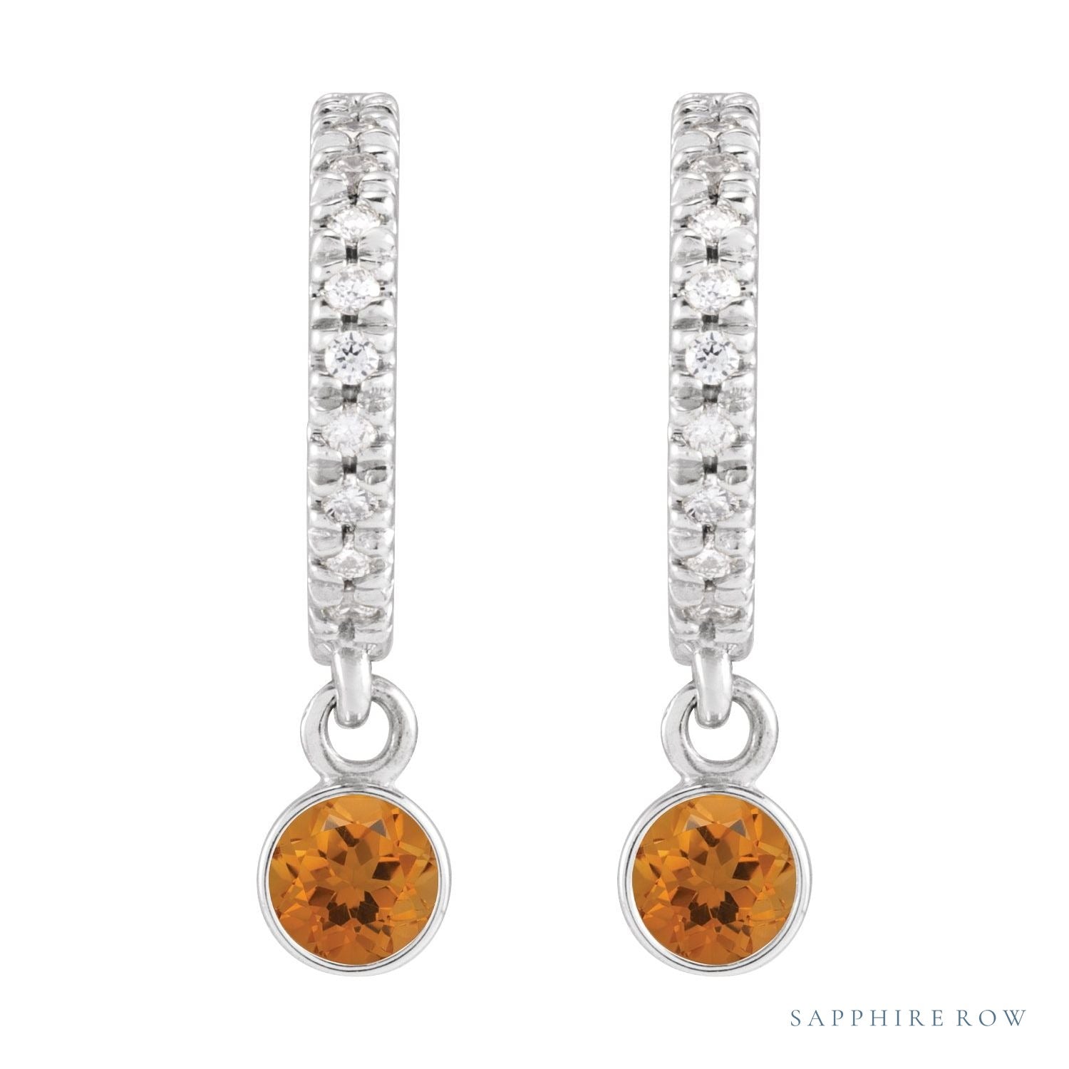Sapphire Row Natural Gemstone & Diamond Pavé Hoop Earrings - Citrine, Platinum (view 2)