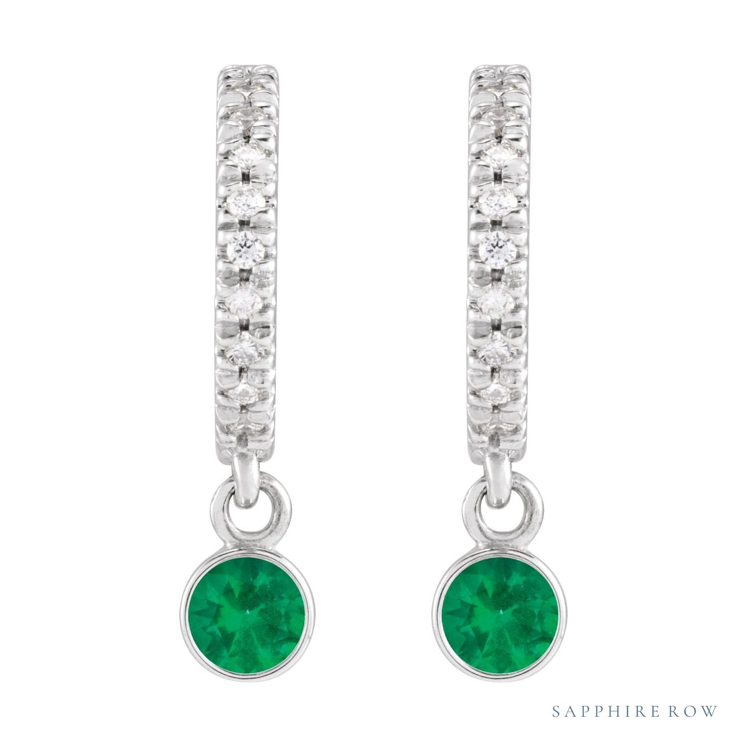 Sapphire Row Natural Gemstone & Diamond Pavé Hoop Earrings - Emerald, Platinum (view 2)