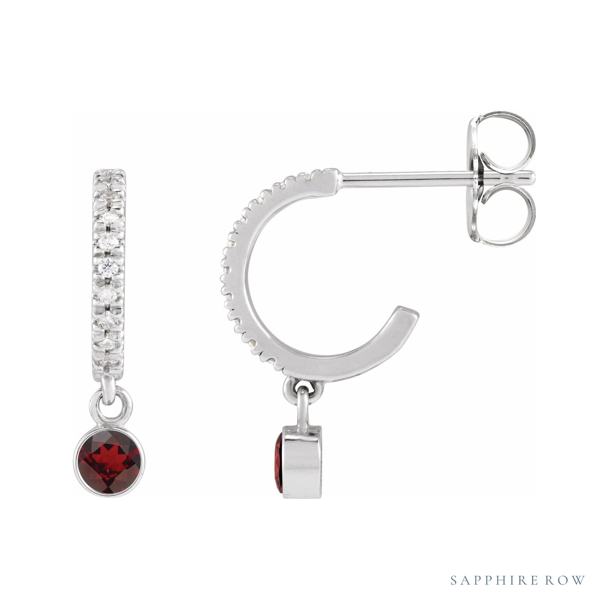 Sapphire Row Natural Gemstone & Diamond Pavé Hoop Earrings - Mozambique Garnet, 14K White Gold