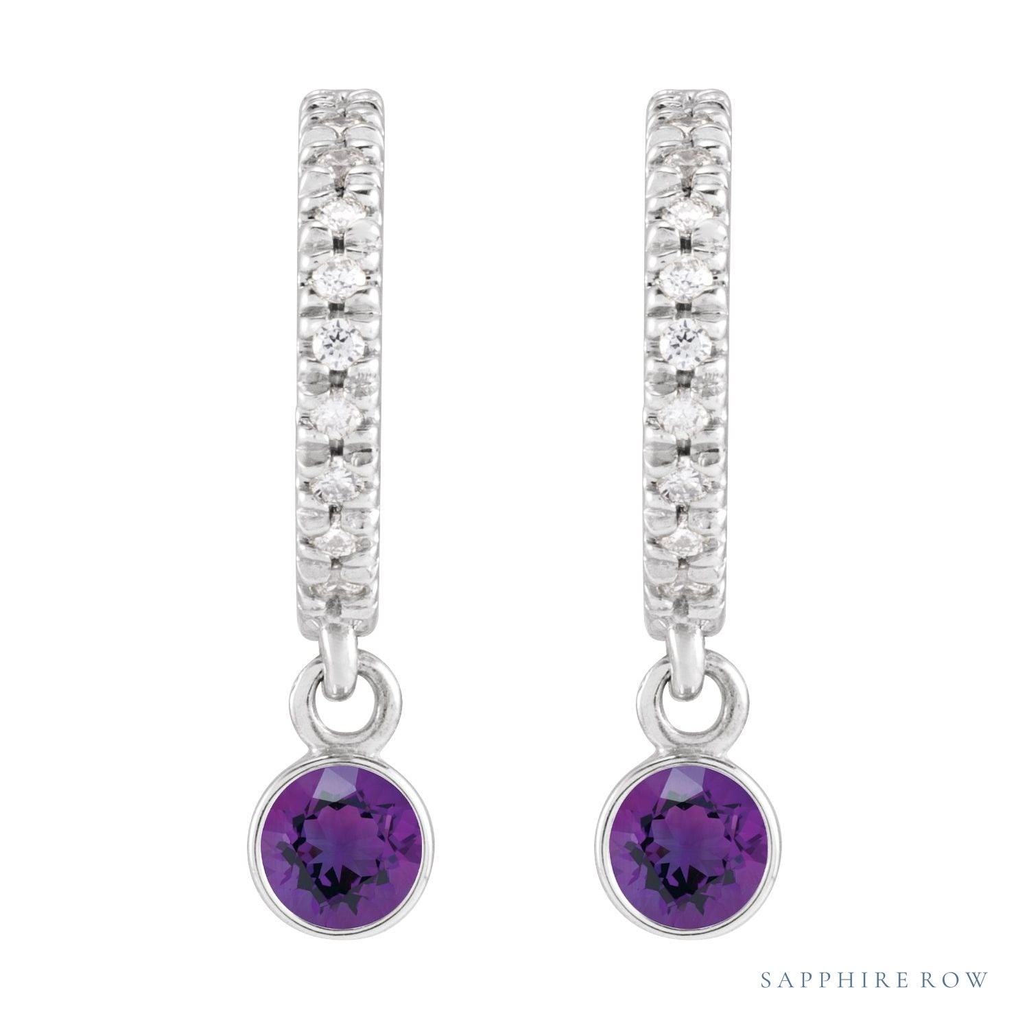 Sapphire Row Natural Gemstone & Diamond Pavé Hoop Earrings - Amethyst, 14K White Gold (view 2)