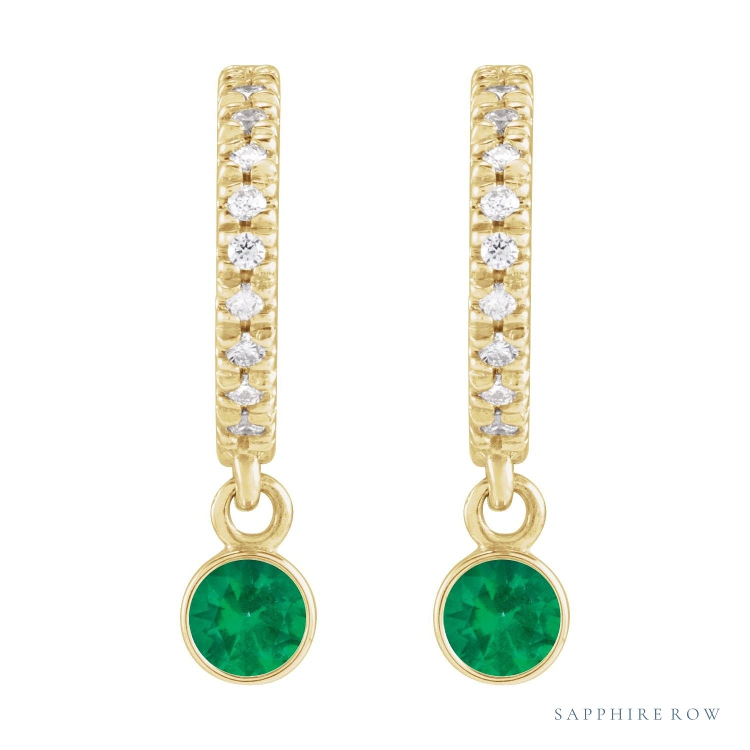 Sapphire Row Natural Gemstone & Diamond Pavé Hoop Earrings - Emerald, 14K Yellow Gold (view 2)