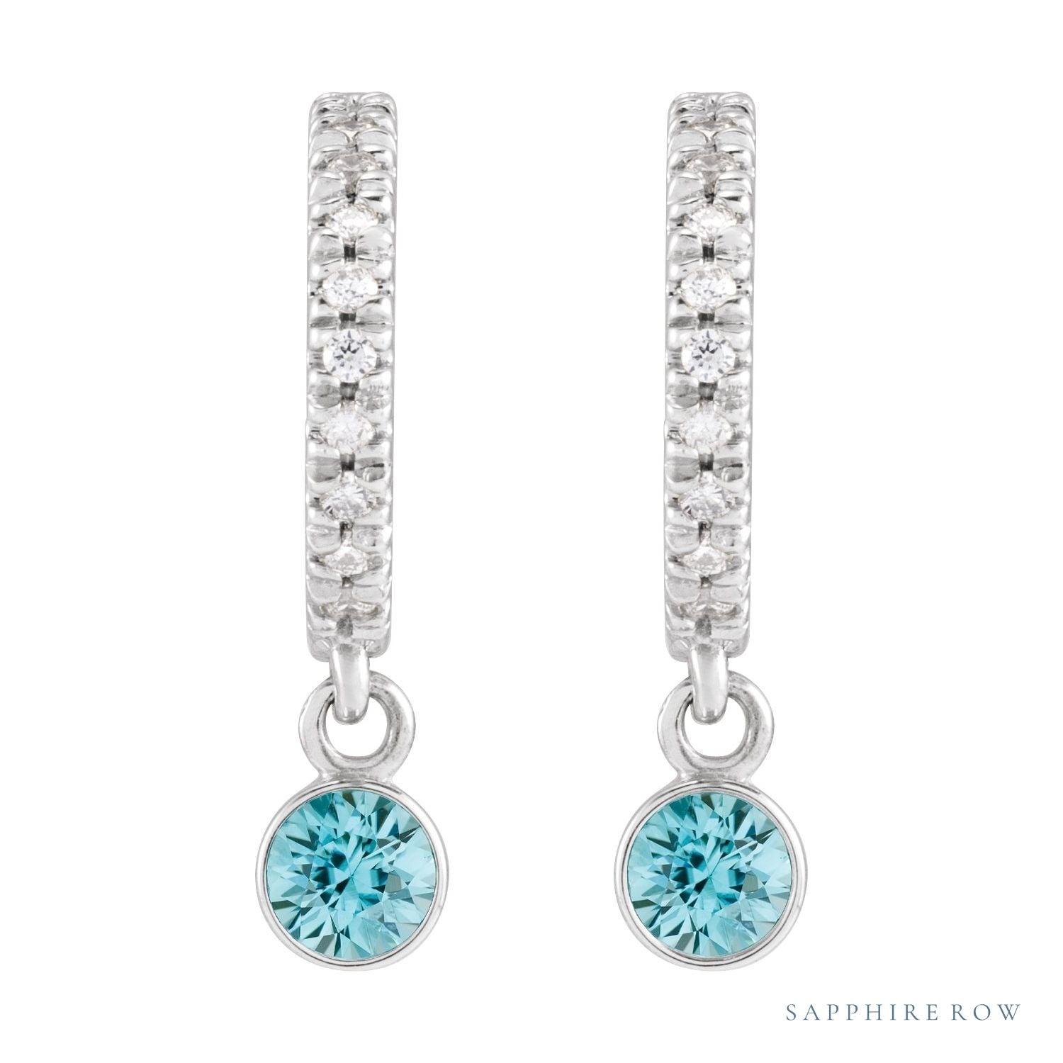 Sapphire Row Natural Gemstone & Diamond Pavé Hoop Earrings - Blue Zircon, Platinum (view 2)