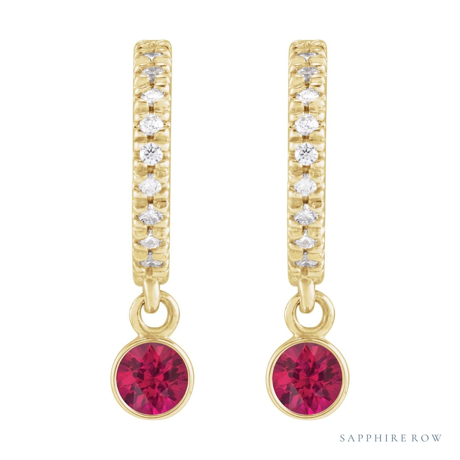 Sapphire Row Natural Gemstone & Diamond Pavé Hoop Earrings - Ruby, 14K Yellow Gold (view 2)