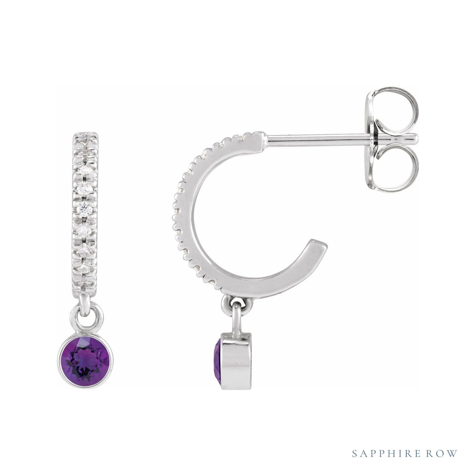 Sapphire Row Natural Gemstone & Diamond Pavé Hoop Earrings - Amethyst, Platinum