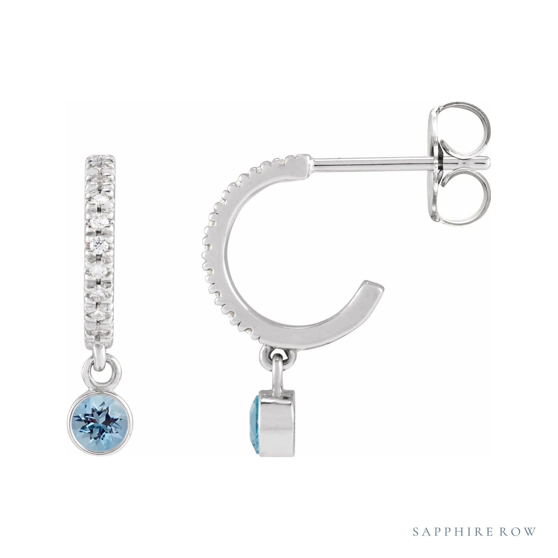 Sapphire Row Natural Gemstone & Diamond Pavé Hoop Earrings - Aquamarine, Platinum