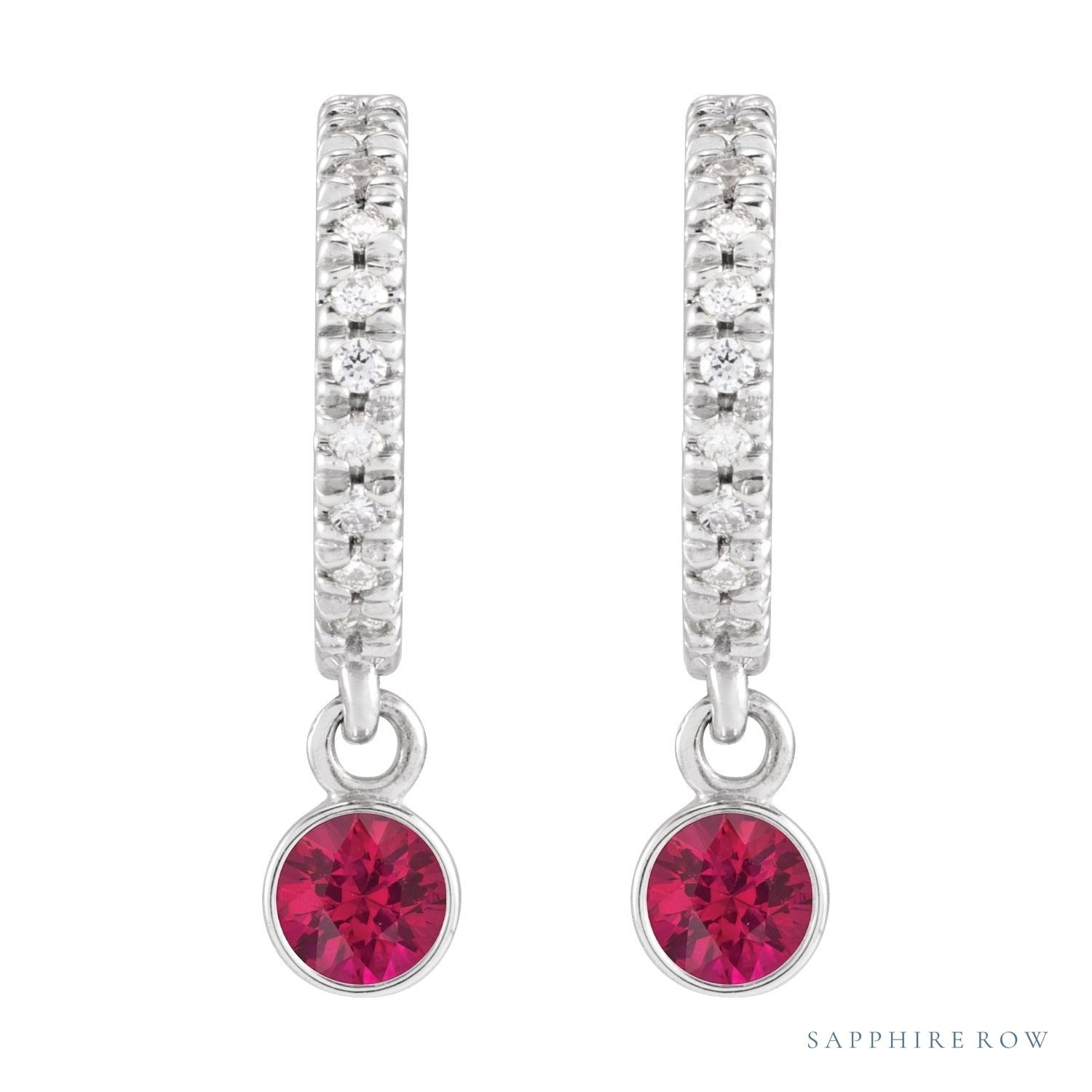 Sapphire Row Natural Gemstone & Diamond Pavé Hoop Earrings - Ruby, 14K White Gold (view 2)