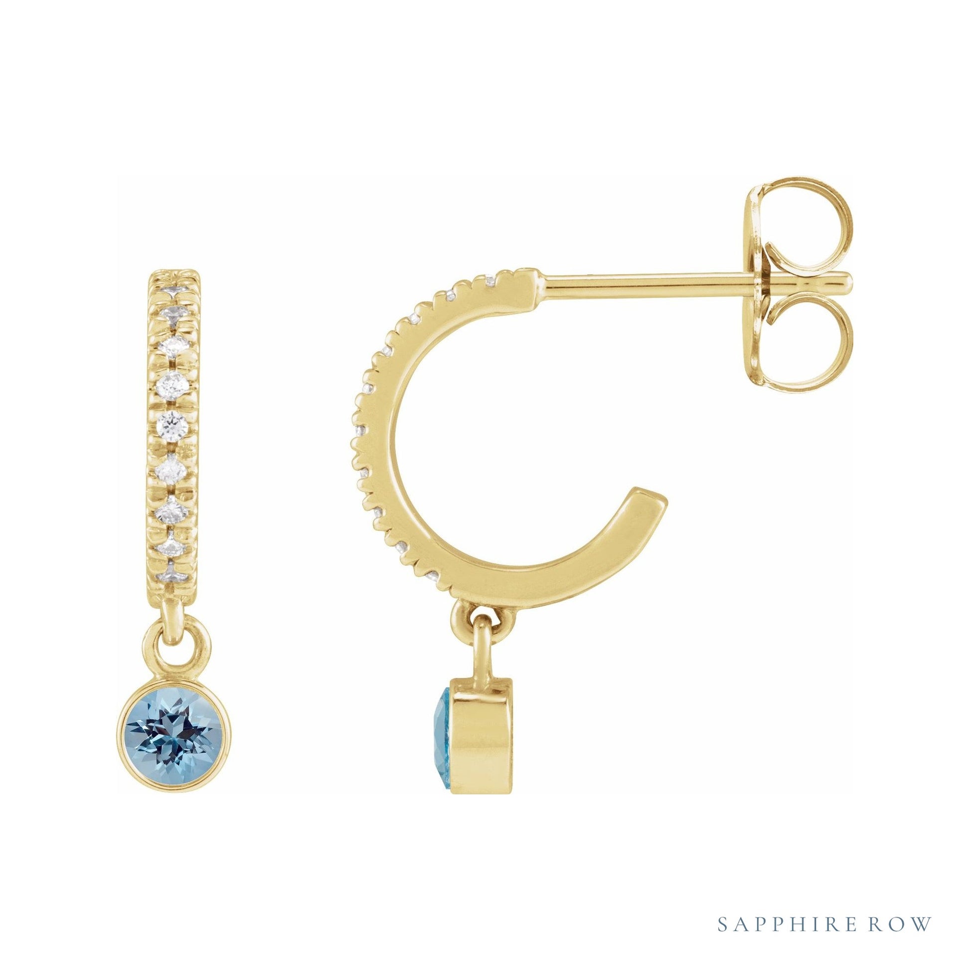 Sapphire Row Natural Gemstone & Diamond Pavé Hoop Earrings - Blue Zircon, 14K Yellow Gold
