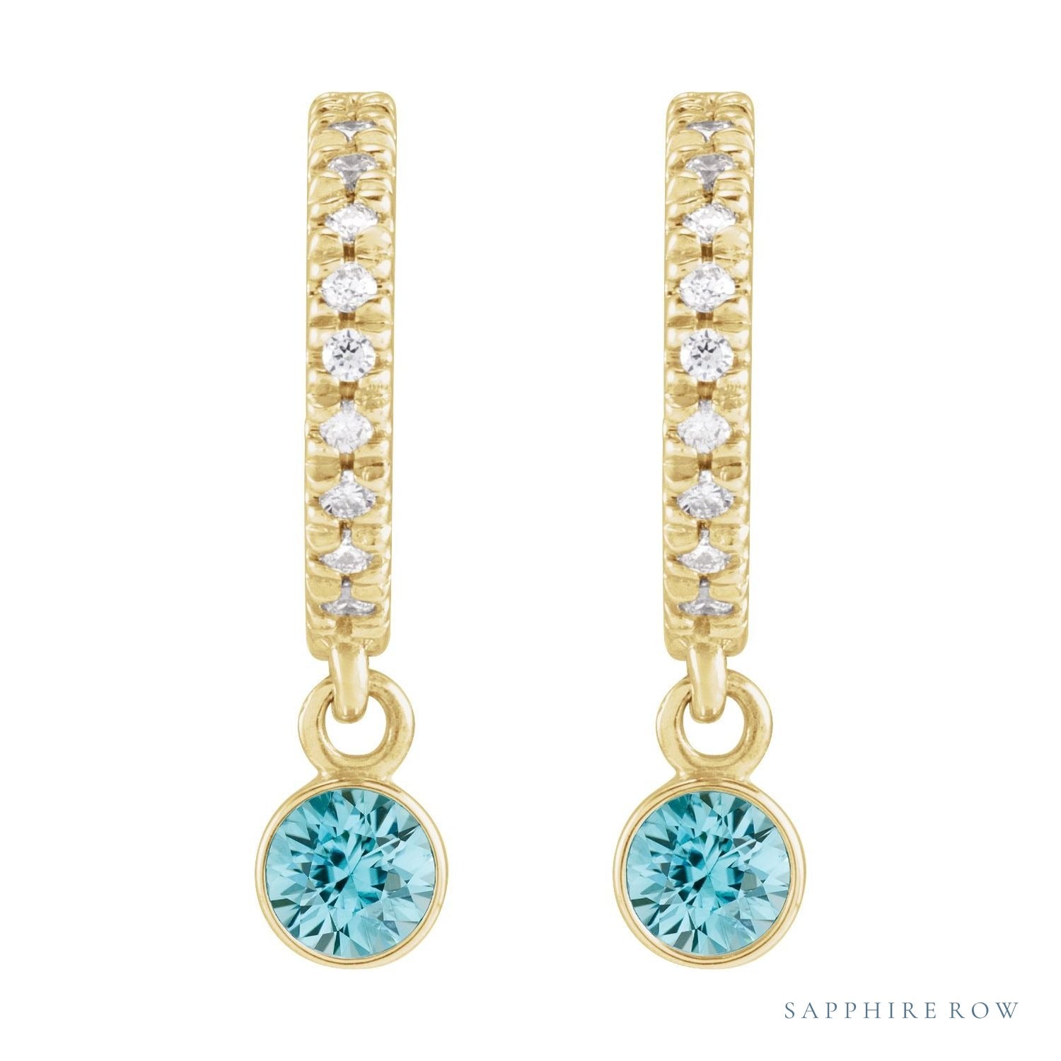 Sapphire Row Natural Gemstone & Diamond Pavé Hoop Earrings - Blue Zircon, 14K Yellow Gold (view 2)