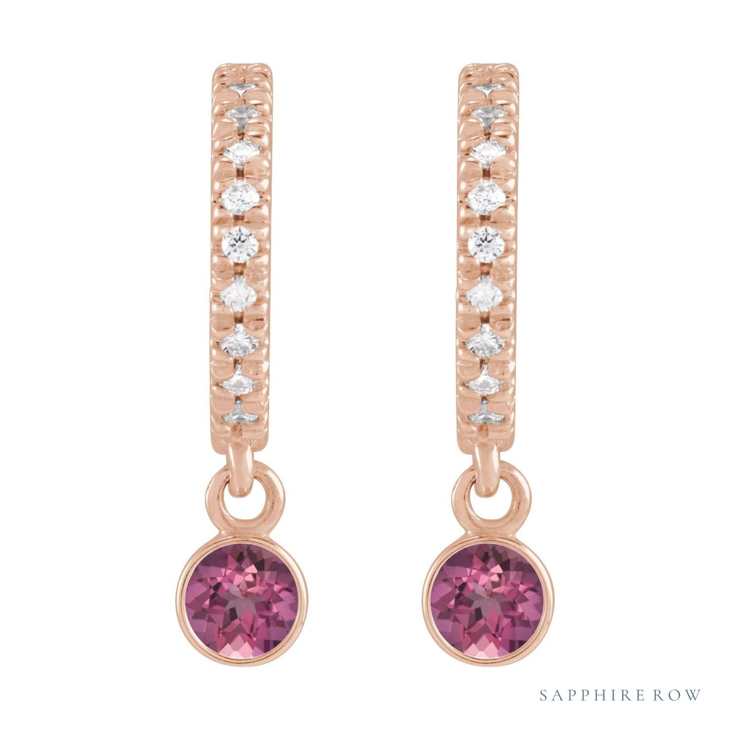 Sapphire Row Natural Gemstone & Diamond Pavé Hoop Earrings - Pink Tourmaline, 14K Rose Gold (view 2)