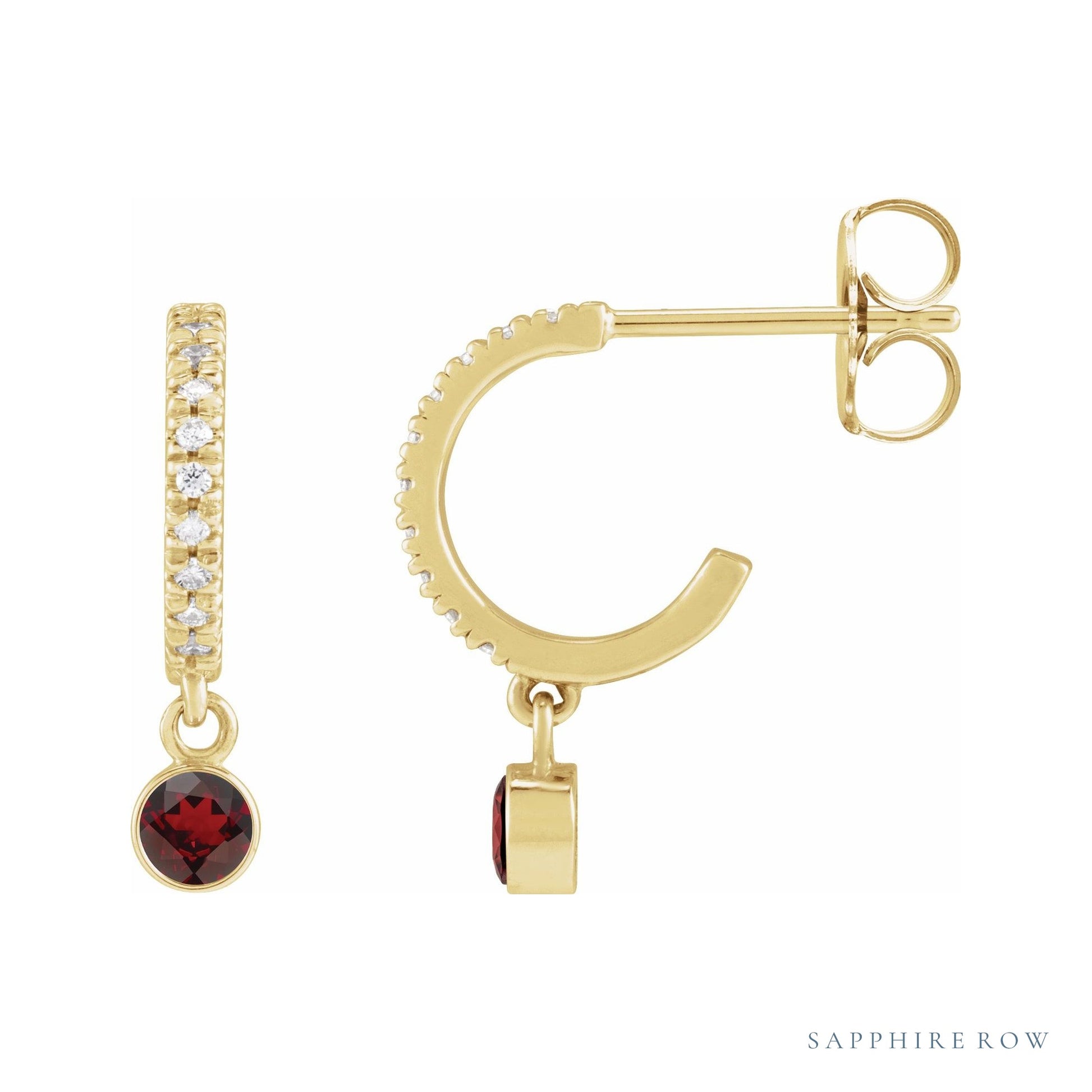 Sapphire Row Natural Gemstone & Diamond Pavé Hoop Earrings - Mozambique Garnet, 14K Yellow Gold