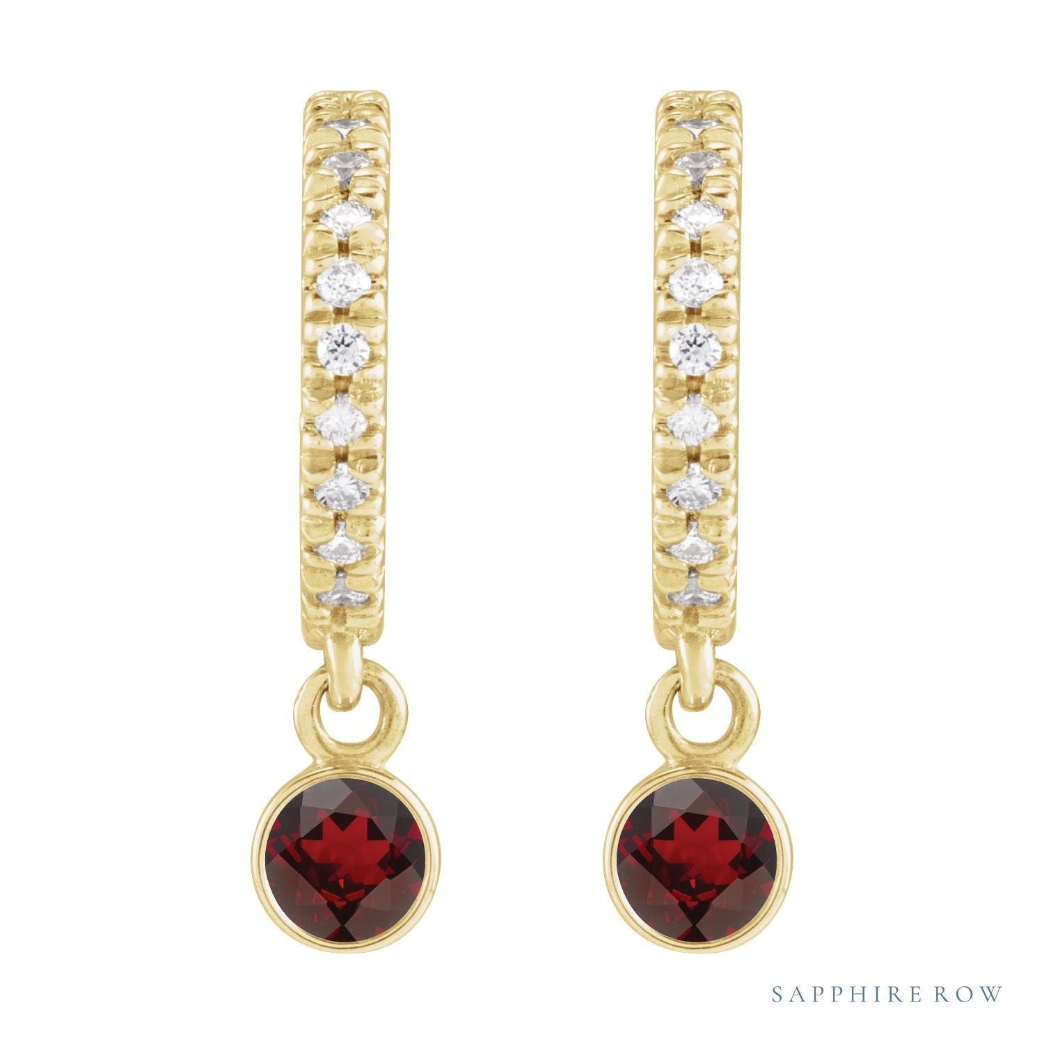 Sapphire Row Natural Gemstone & Diamond Pavé Hoop Earrings - Mozambique Garnet, 14K Yellow Gold (view 2)