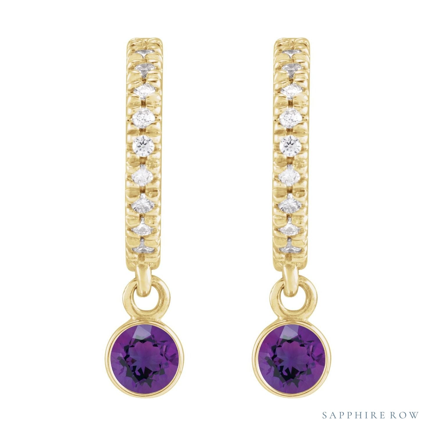 Sapphire Row Natural Gemstone & Diamond Pavé Hoop Earrings - Amethyst, 14K Yellow Gold (view 2)