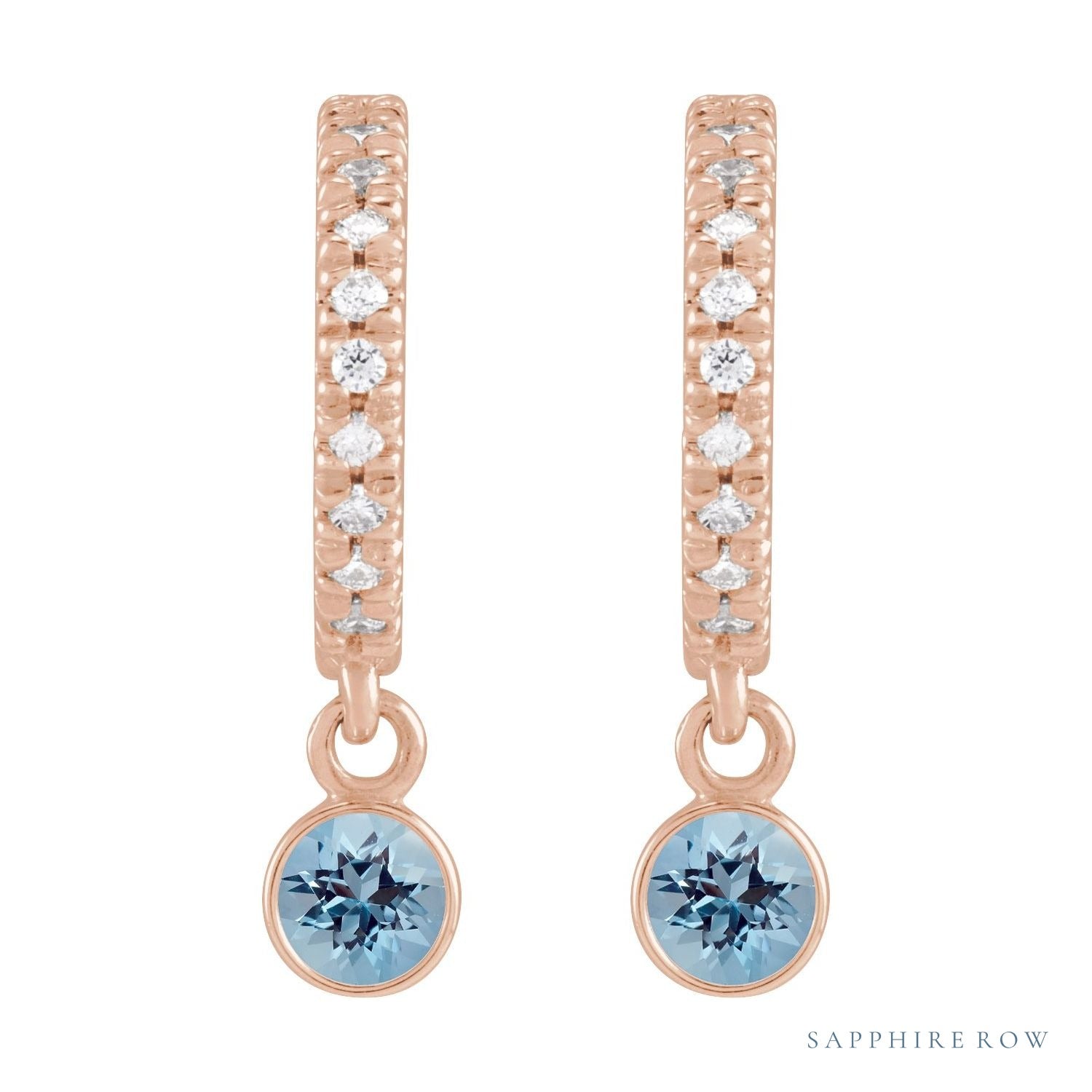 Sapphire Row Natural Gemstone & Diamond Pavé Hoop Earrings - Aquamarine, 14K Rose Gold (view 2)