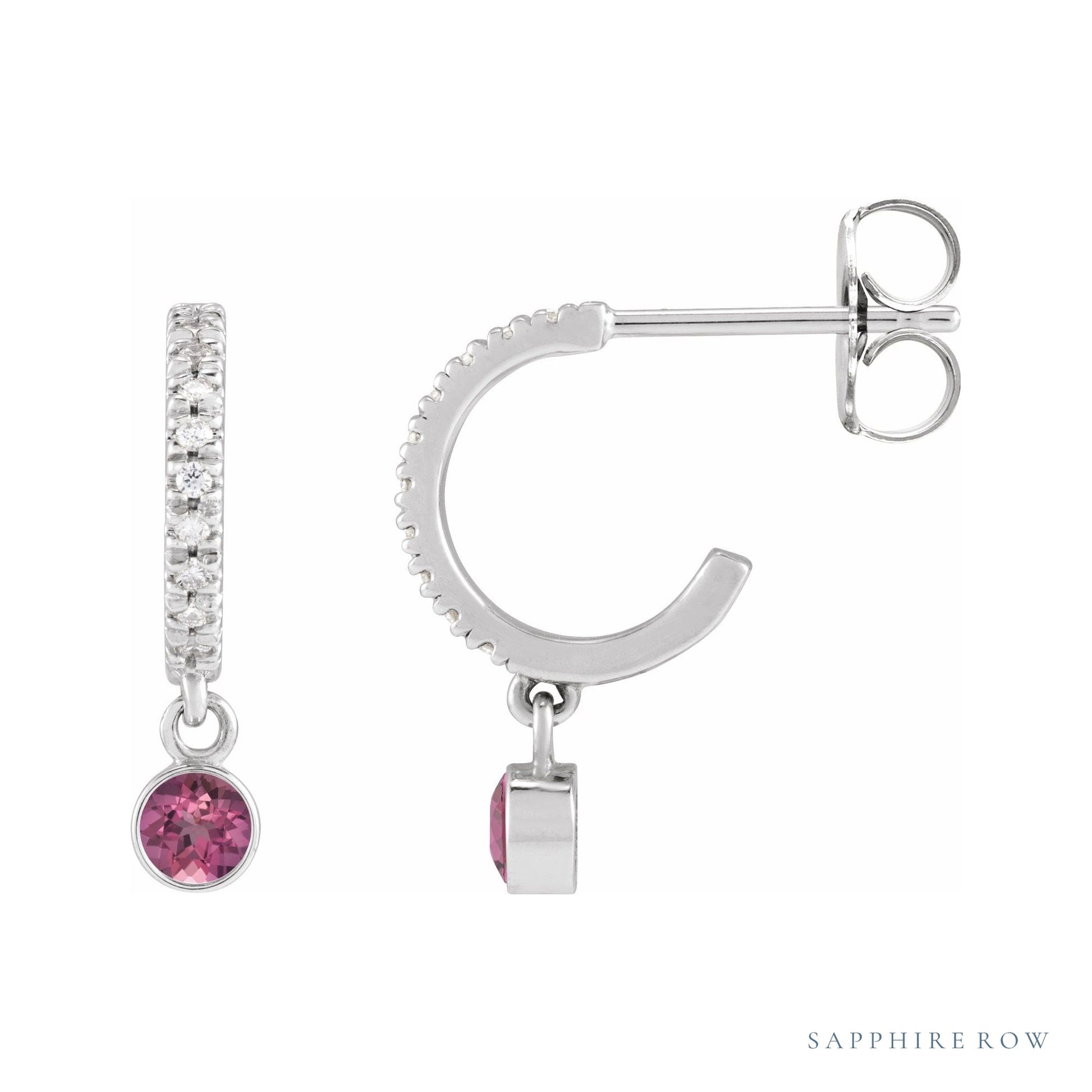 Sapphire Row Natural Gemstone & Diamond Pavé Hoop Earrings - Pink Tourmaline, Platinum
