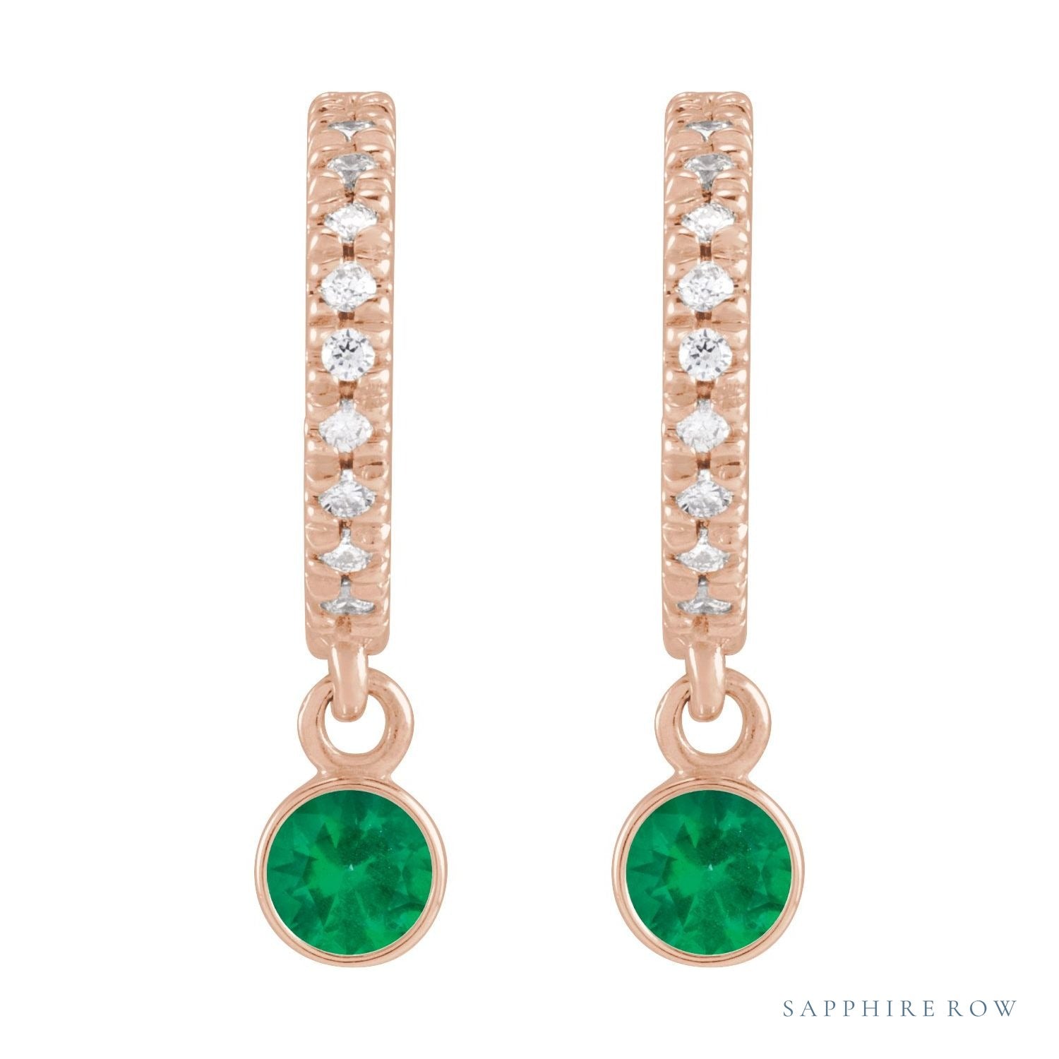 Sapphire Row Lab-Grown Gemstone & Diamond Pavé Hoop Earrings - Emerald, 14K Rose Gold (view 2)