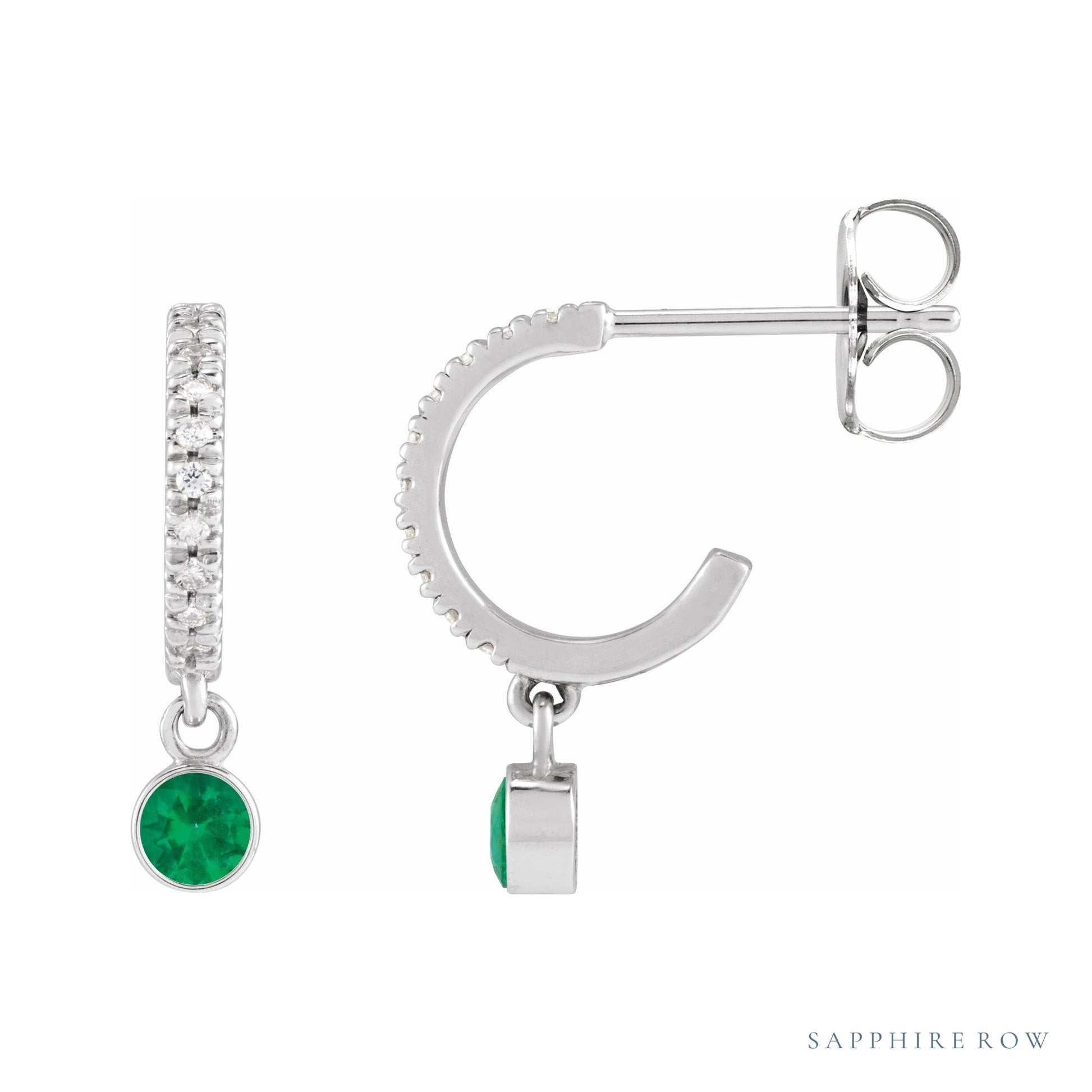 Sapphire Row Lab-Grown Gemstone & Diamond Pavé Hoop Earrings - Emerald, 14K White Gold