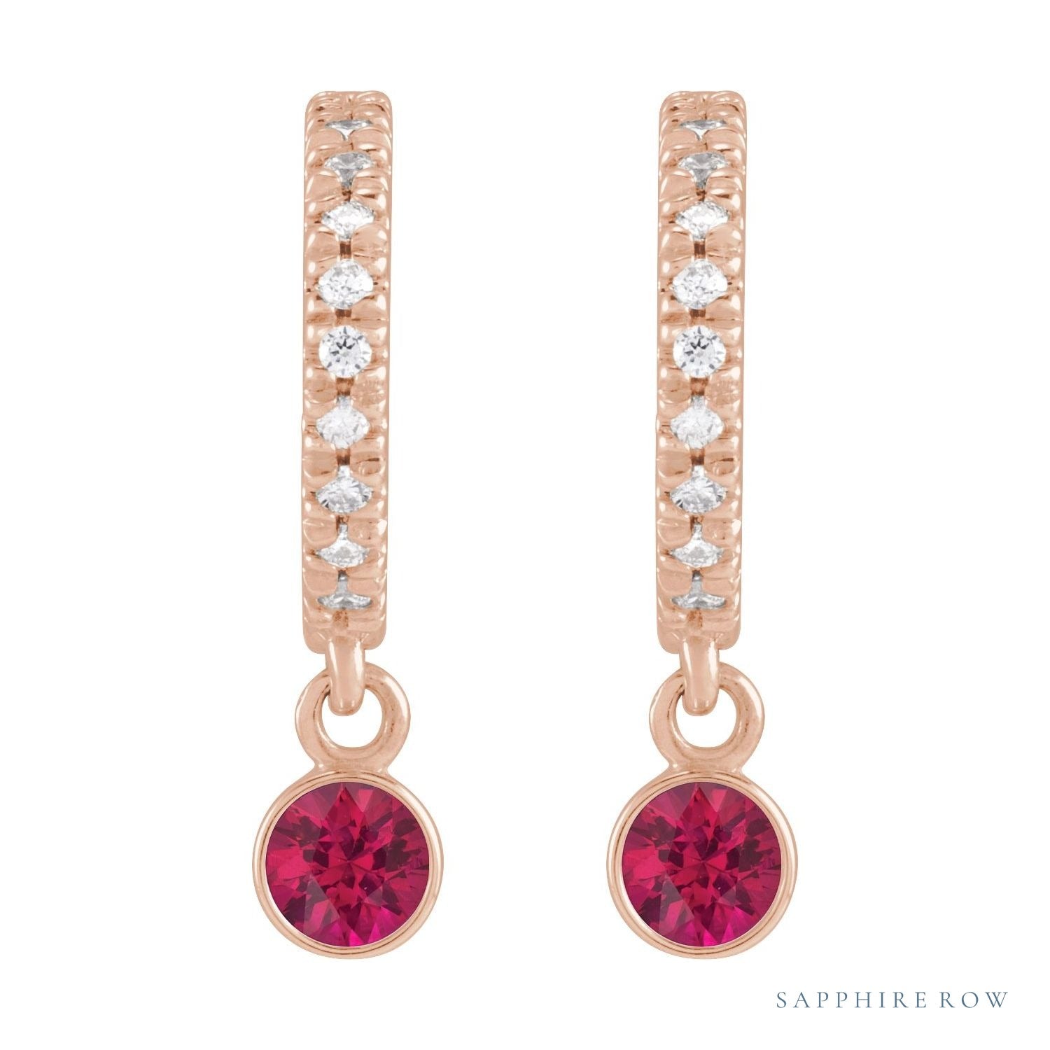 Sapphire Row Lab-Grown Gemstone & Diamond Pavé Hoop Earrings - Ruby, 14K Rose Gold (view 2)