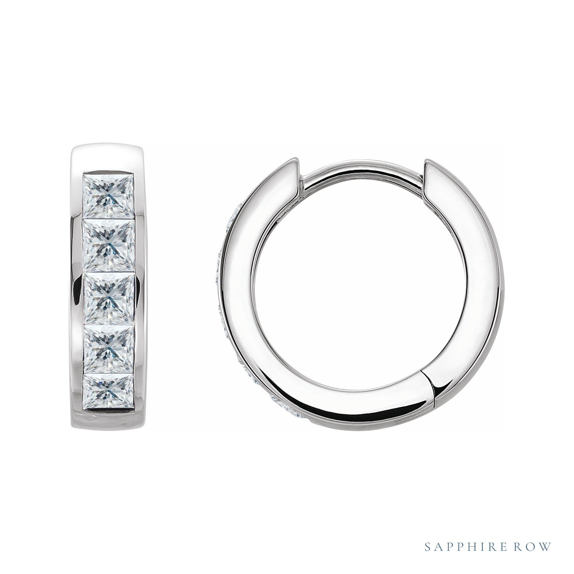 Sapphire Row Natural Diamond Princess Channel-Set Huggie Earrings - 14K White Gold
