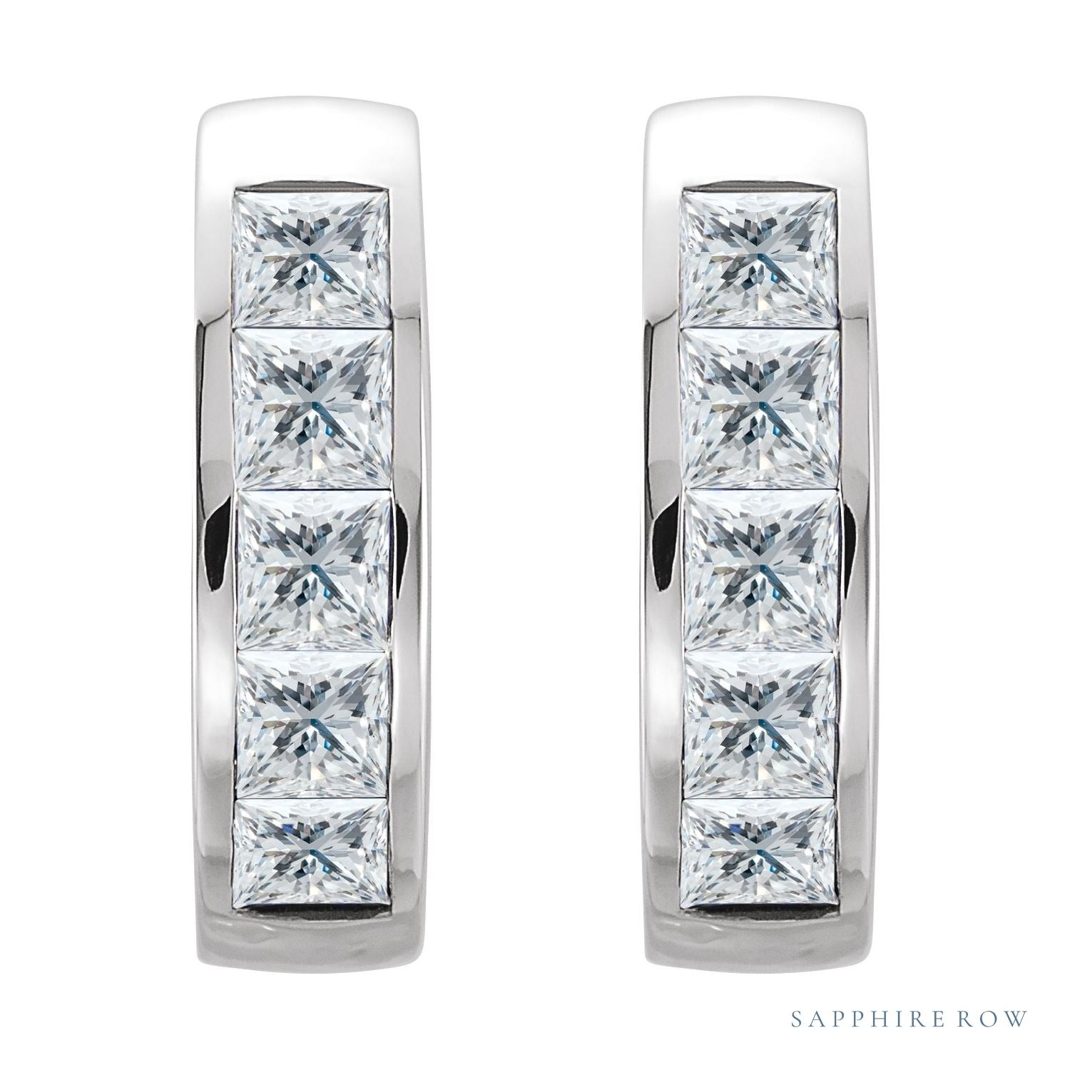 Sapphire Row Natural Diamond Princess Channel-Set Huggie Earrings - Platinum (view 2)