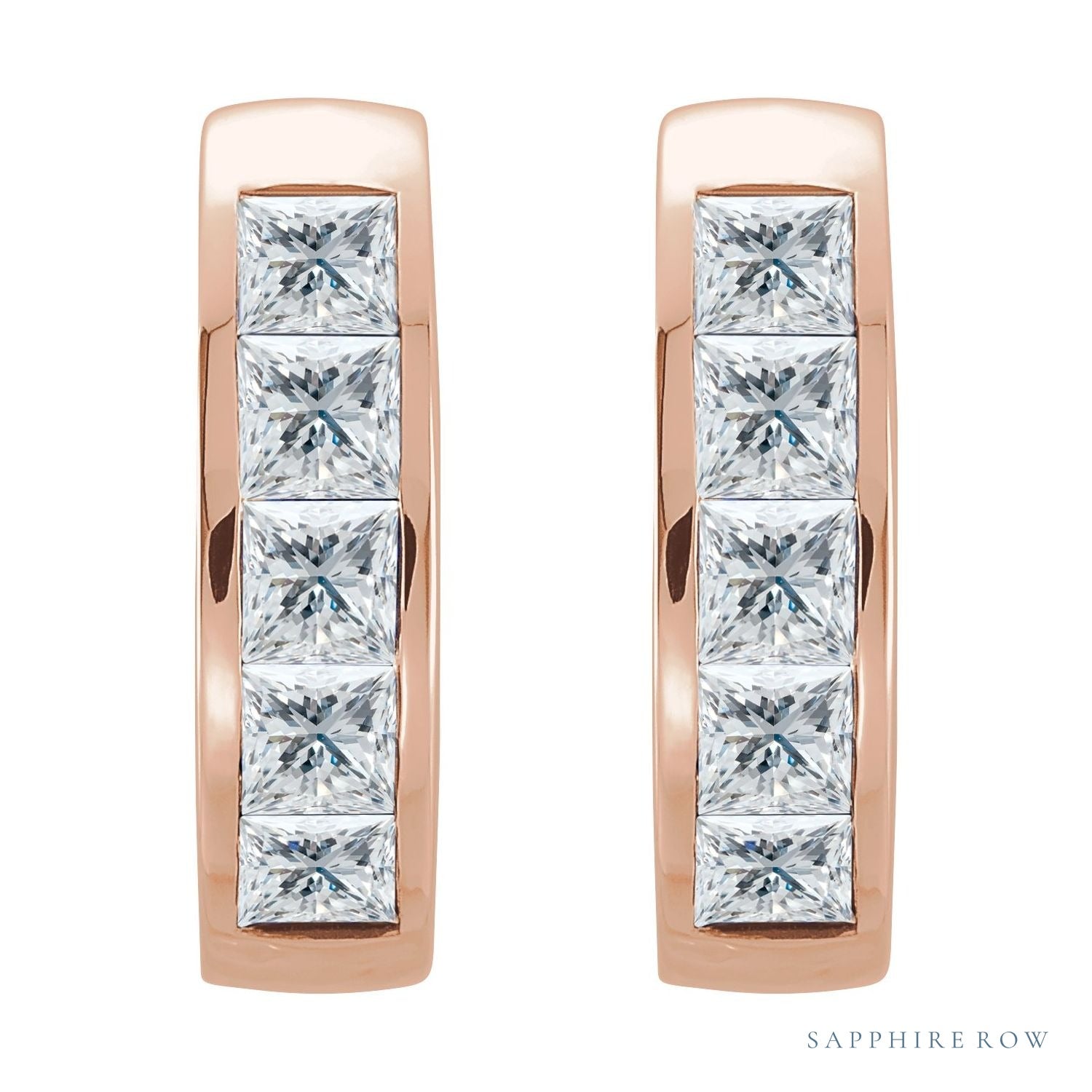 Sapphire Row Natural Diamond Princess Channel-Set Huggie Earrings - 14K Rose Gold (view 2)