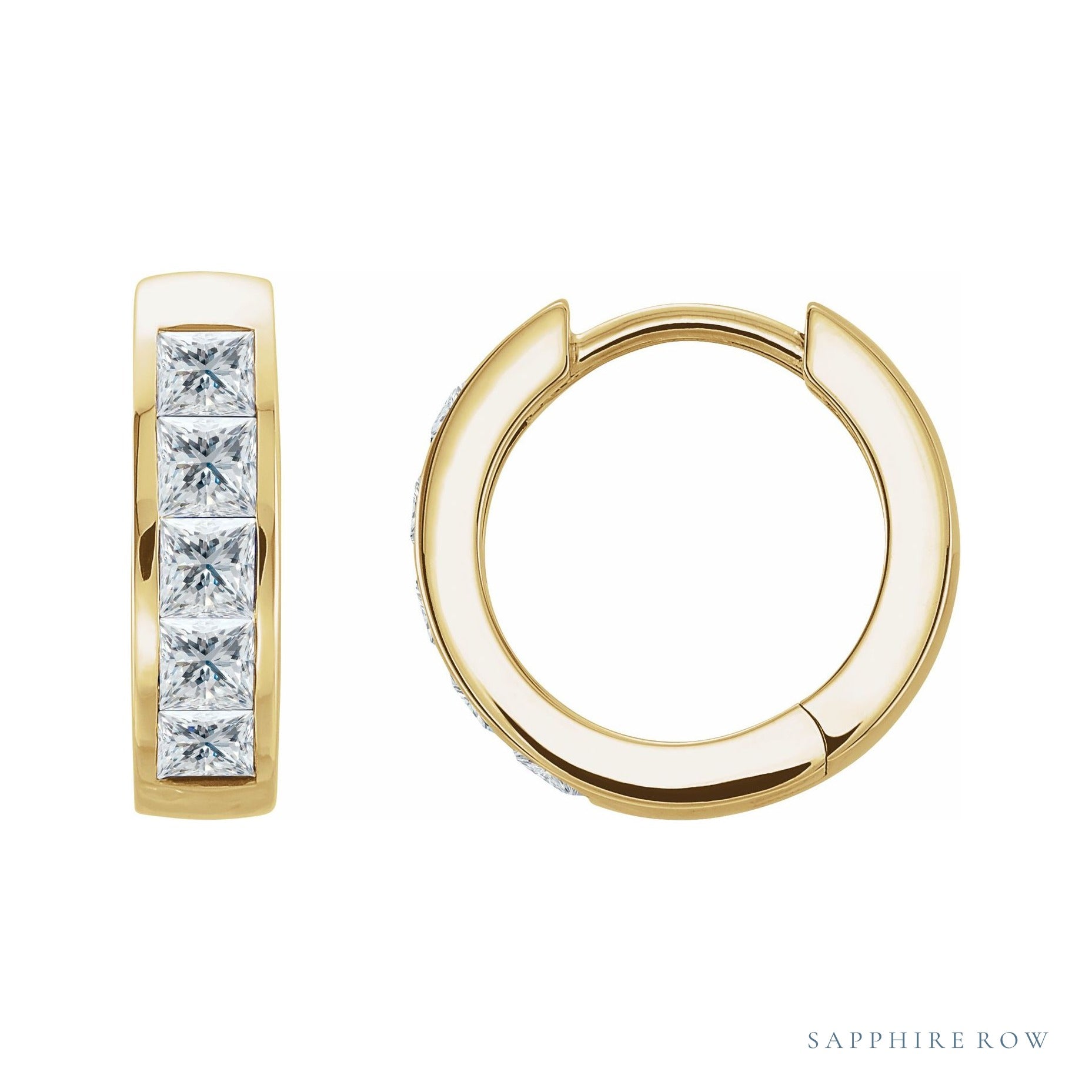 Sapphire Row Natural Diamond Princess Channel-Set Huggie Earrings - 14K Yellow Gold