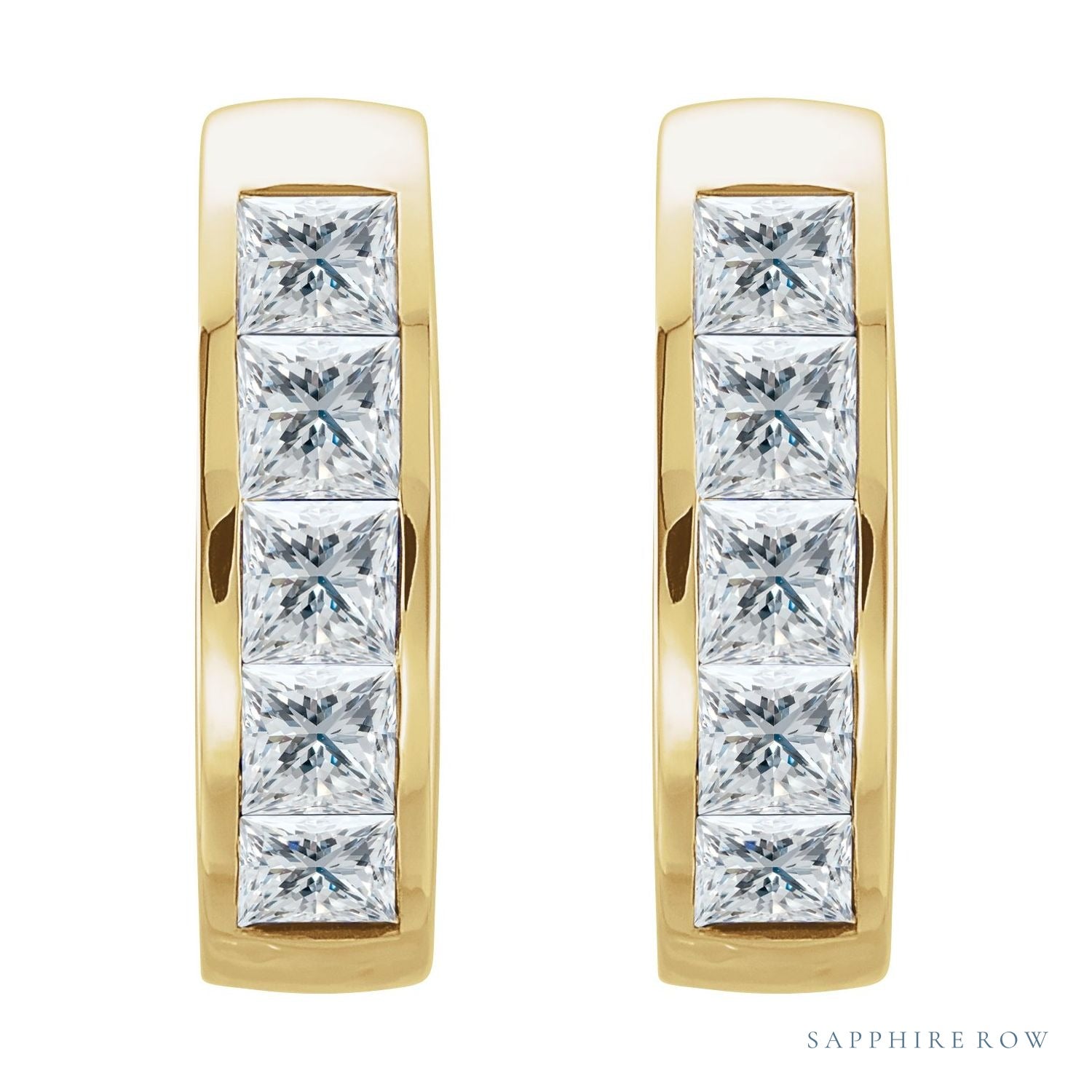 Sapphire Row Natural Diamond Princess Channel-Set Huggie Earrings - 14K Yellow Gold (view 2)