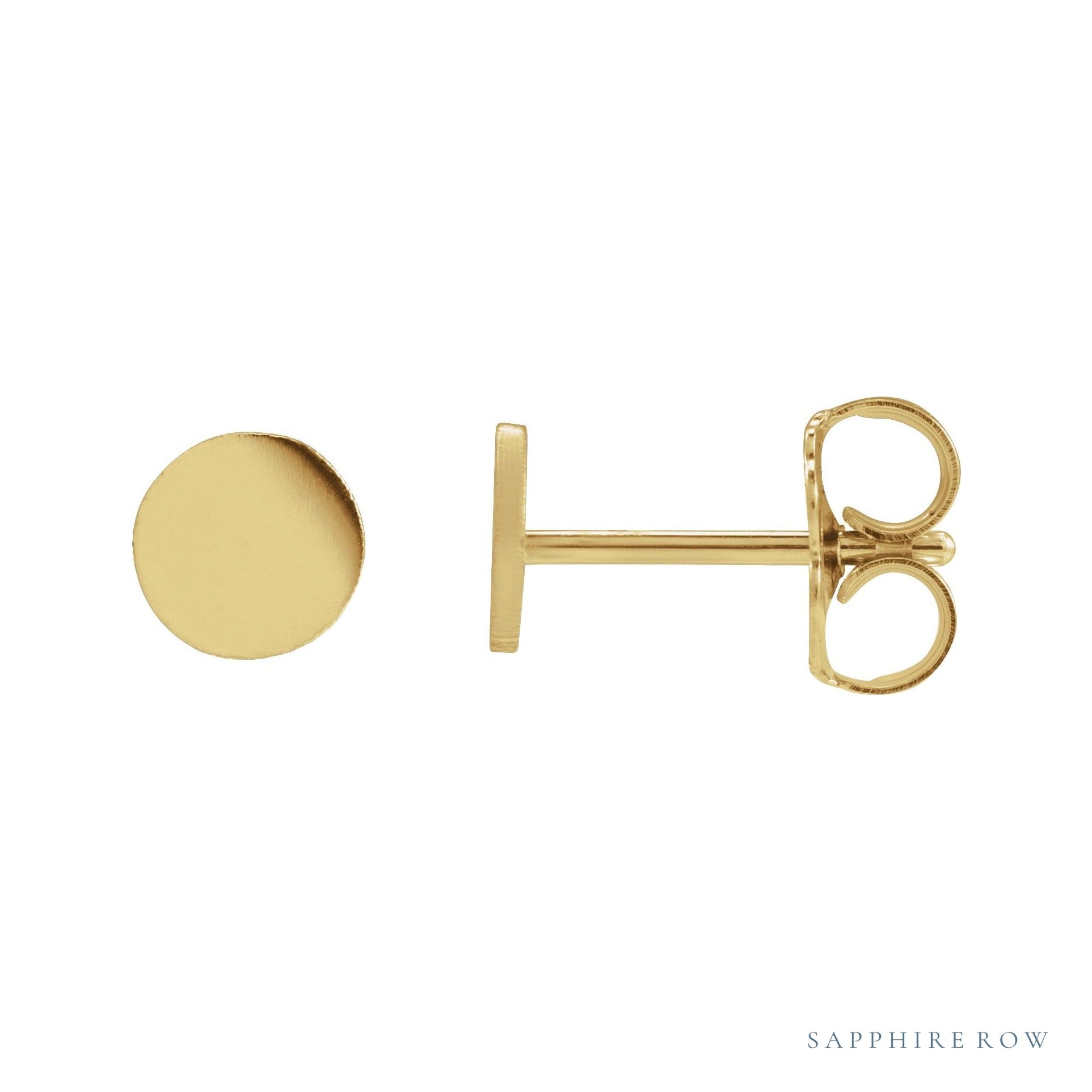 Sapphire Row Engravable Gold Disc Stud Earrings - 14K Yellow Gold, 5 mm