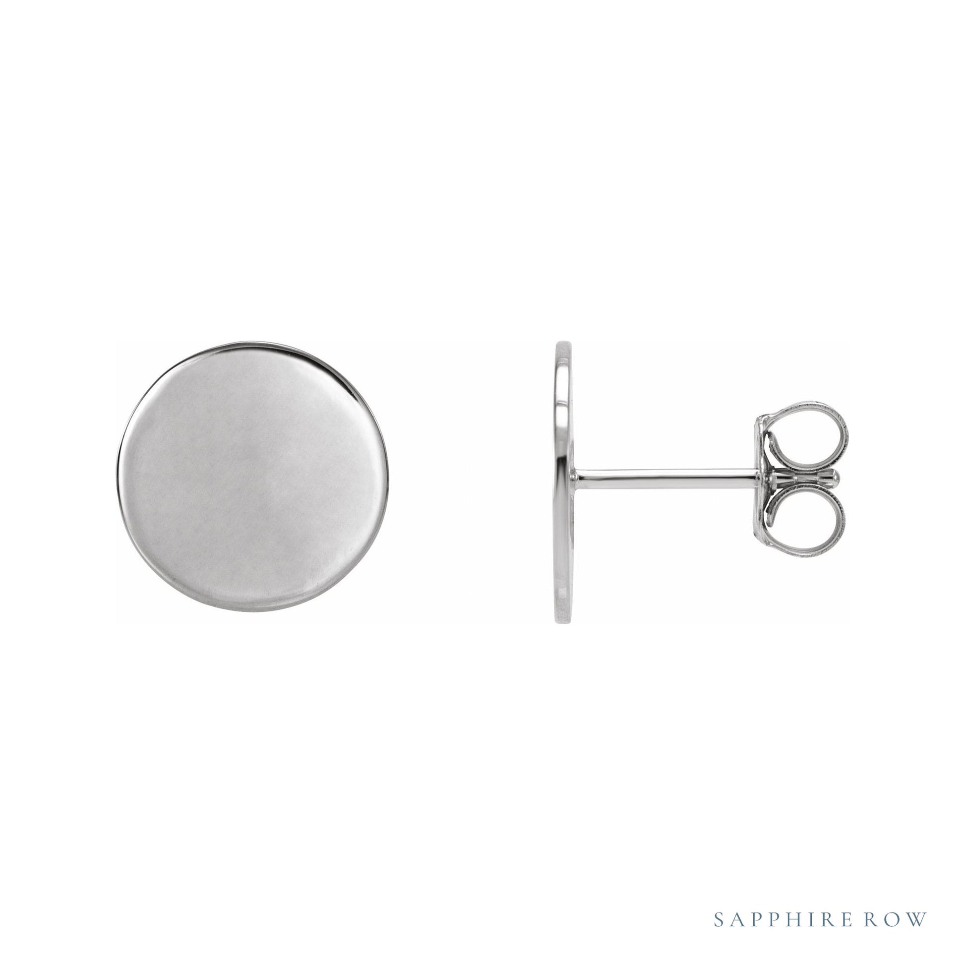 Sapphire Row Engravable Gold Disc Stud Earrings - 18K White Gold, 10 mm
