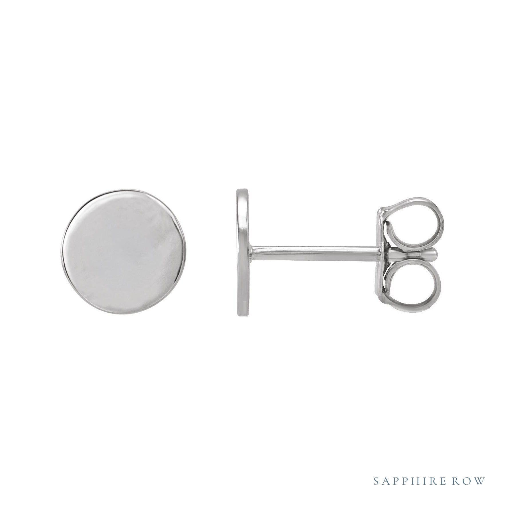 Sapphire Row Engravable Gold Disc Stud Earrings - 14K White Gold, 6.3 mm