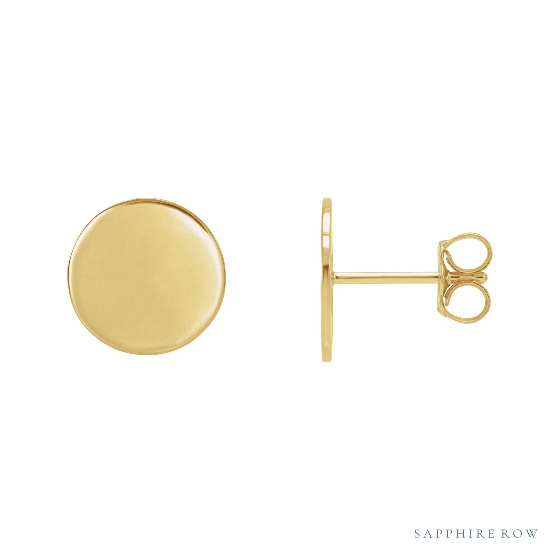 Sapphire Row Engravable Gold Disc Stud Earrings - 18K Yellow Gold, 10 mm