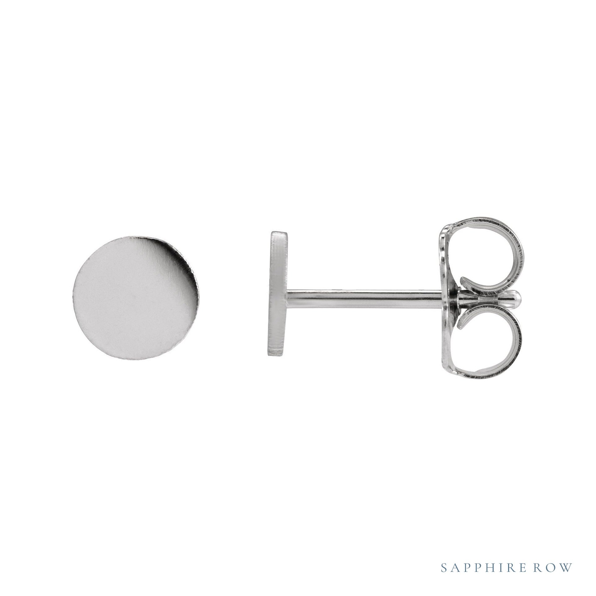 Sapphire Row Engravable Gold Disc Stud Earrings - 14K White Gold, 5 mm
