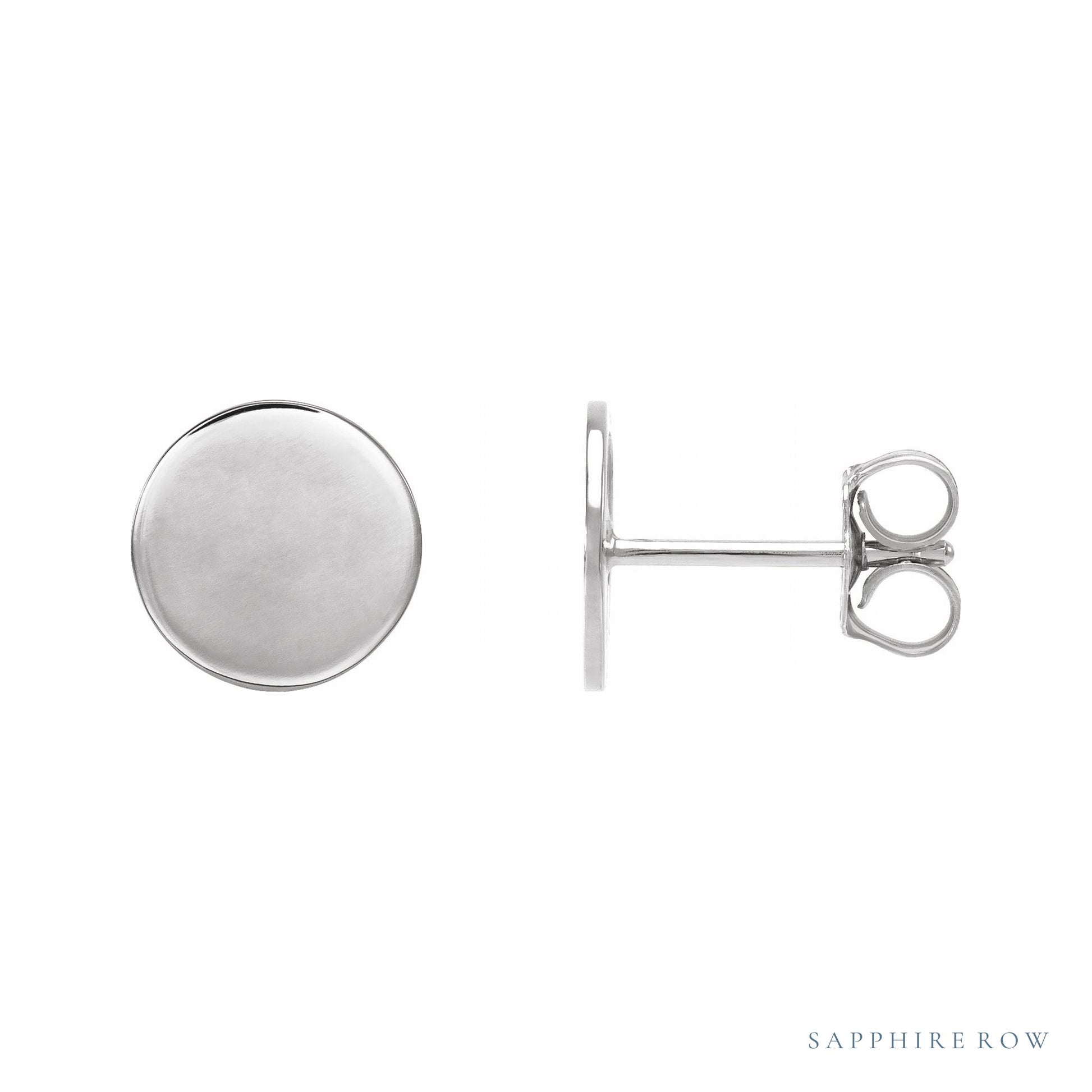 Sapphire Row Engravable Gold Disc Stud Earrings - 14K White Gold, 8 mm