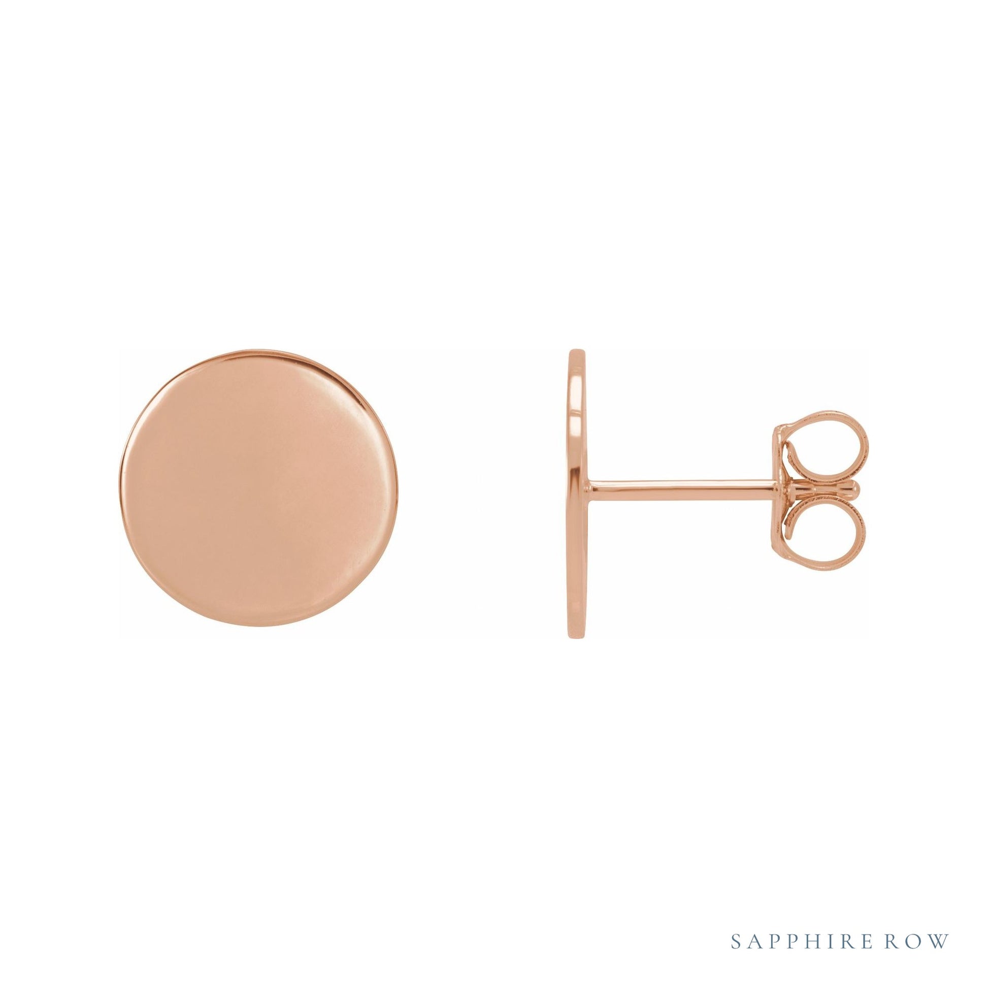 Sapphire Row Engravable Gold Disc Stud Earrings - 18K Rose Gold, 10 mm