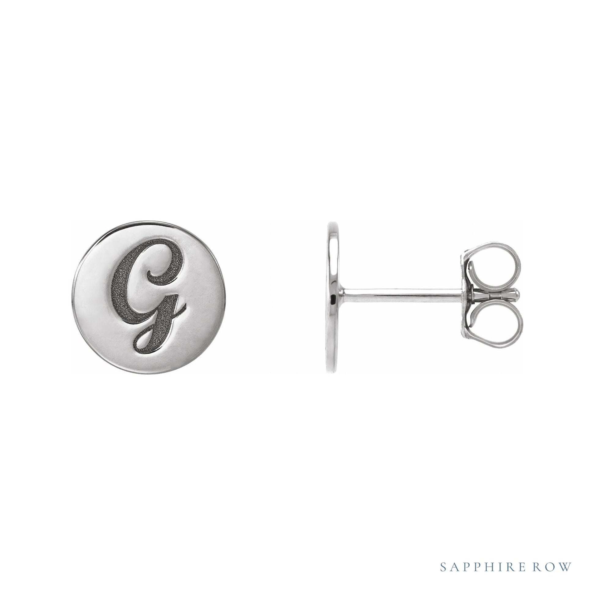 Sapphire Row Engravable Gold Disc Stud Earrings - 18K White Gold, 8 mm (view 3)
