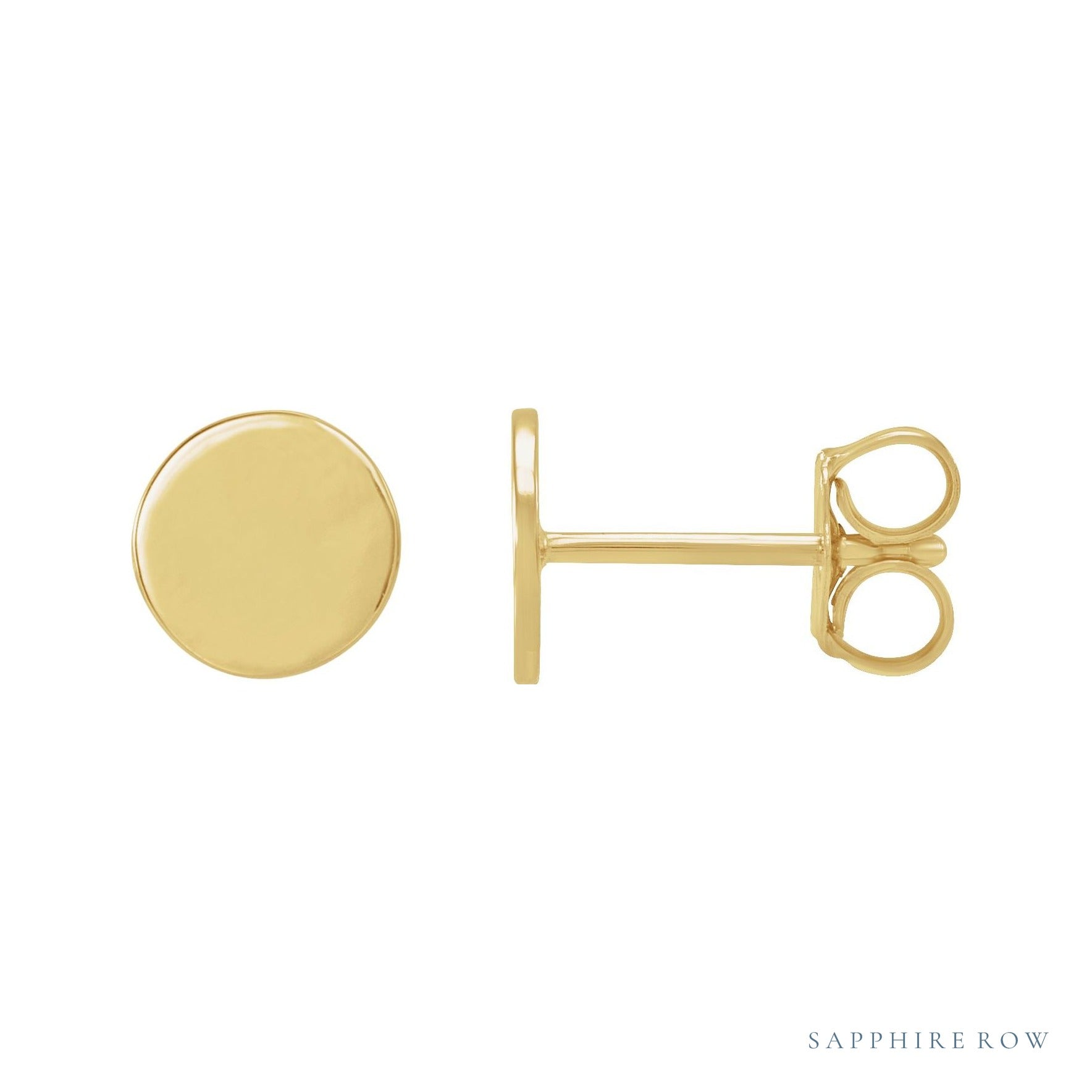 Sapphire Row Engravable Gold Disc Stud Earrings - 14K Yellow Gold, 6.3 mm